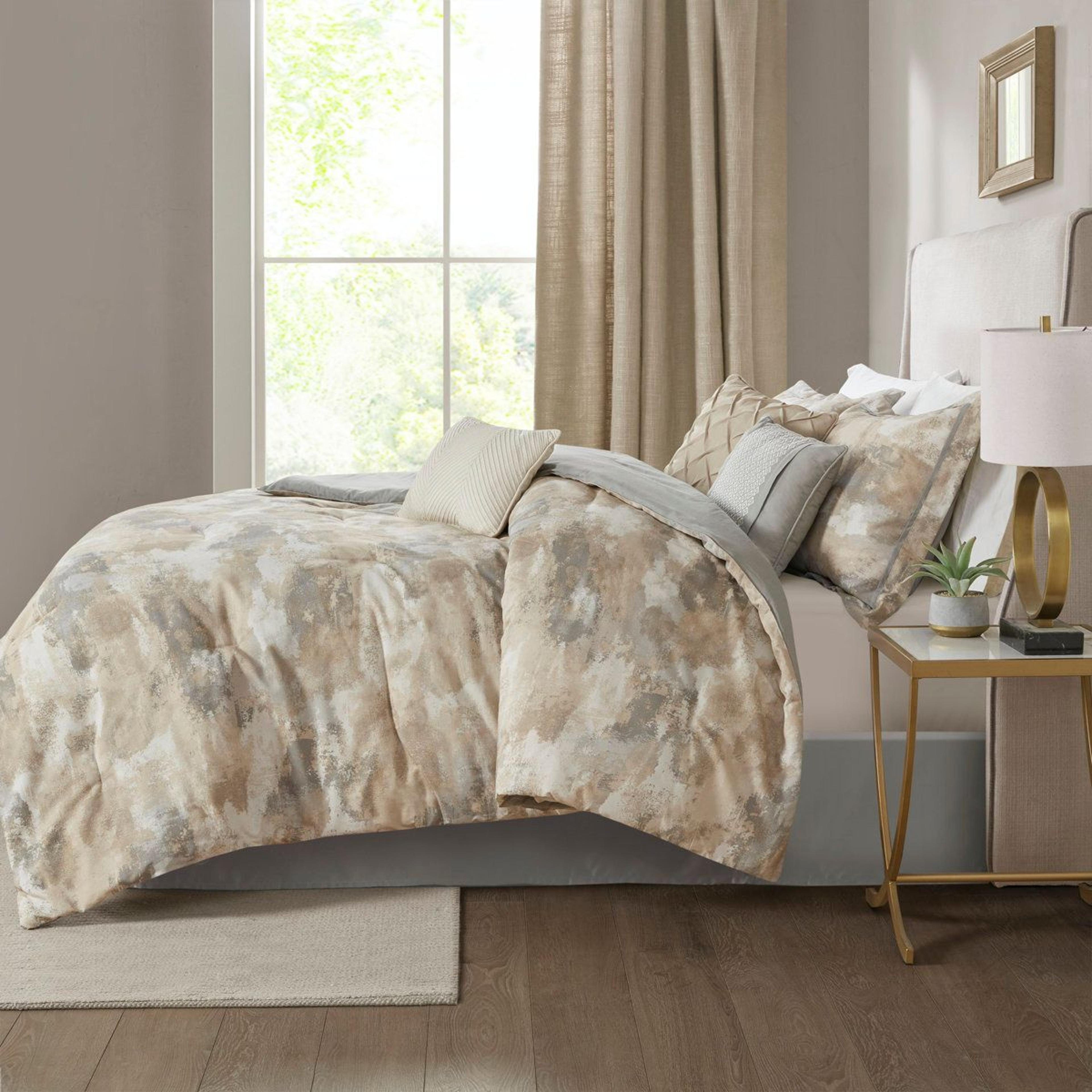 King Comforter Set 7 Piece Gray Textured Cotton Blend Reversible Bedding 4