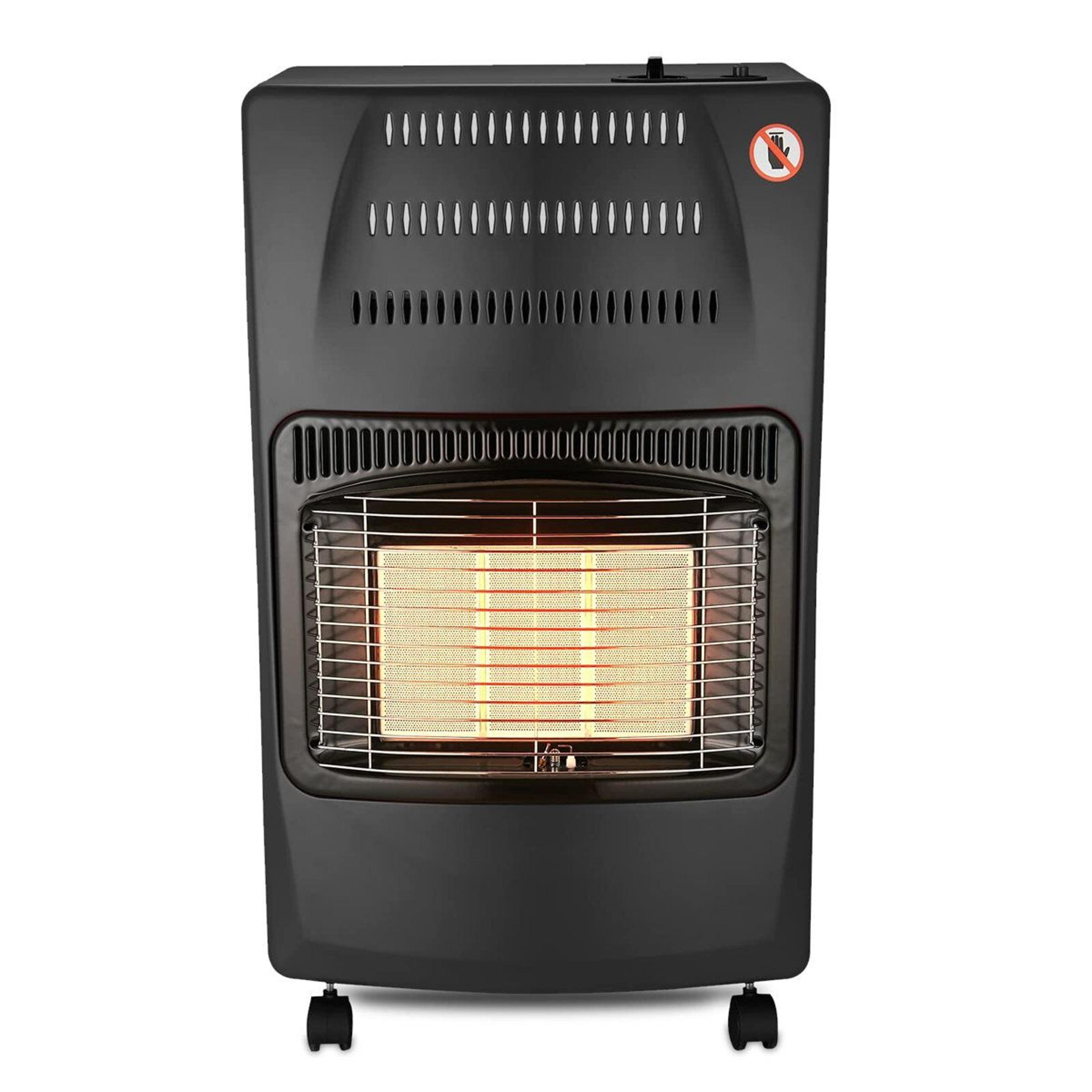 stainless steel propane standing patio heater with 3 heat settings and safety shutoff