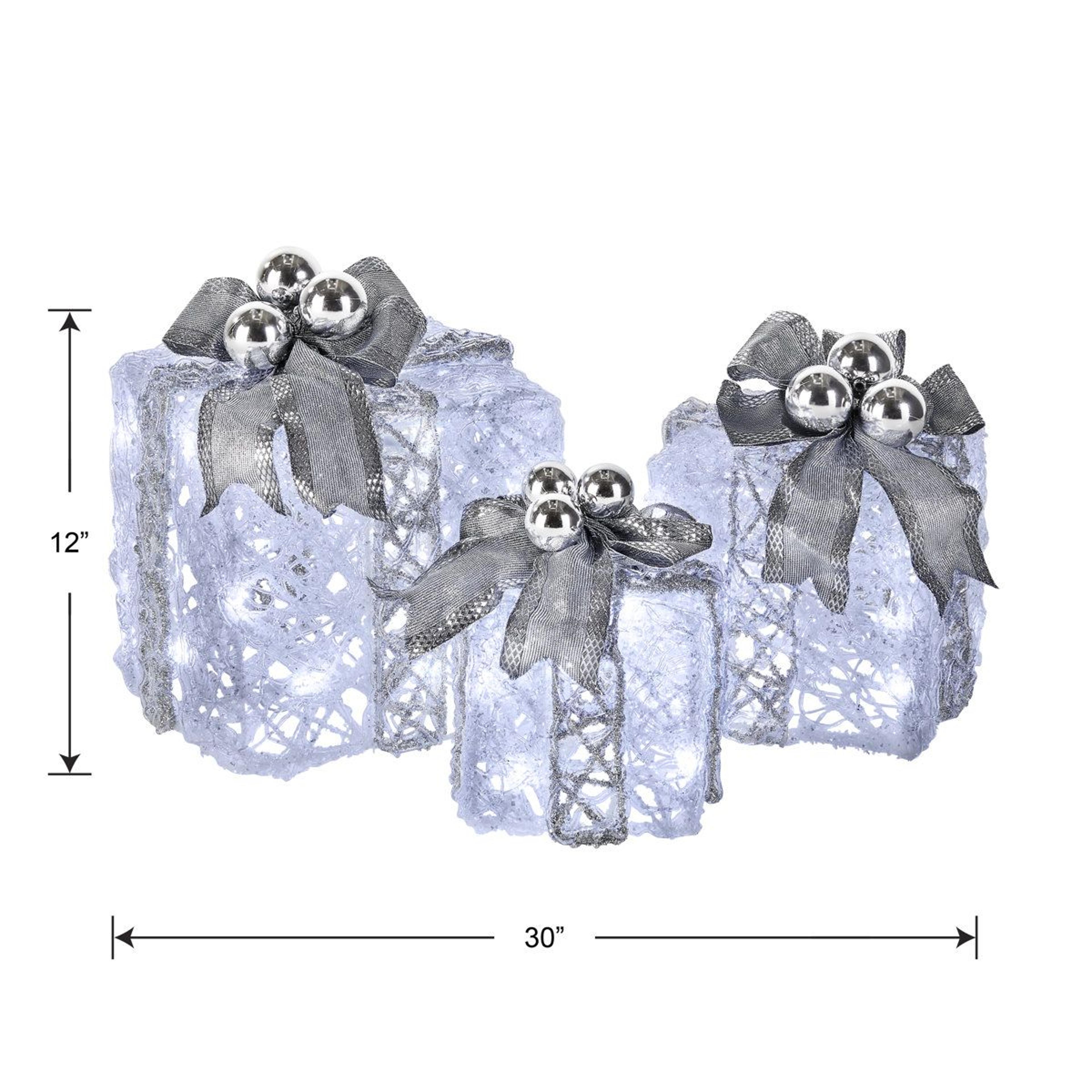 LED Lighted Christmas Gift Boxes 3 Piece White And Silver Holiday Decoration Set 2