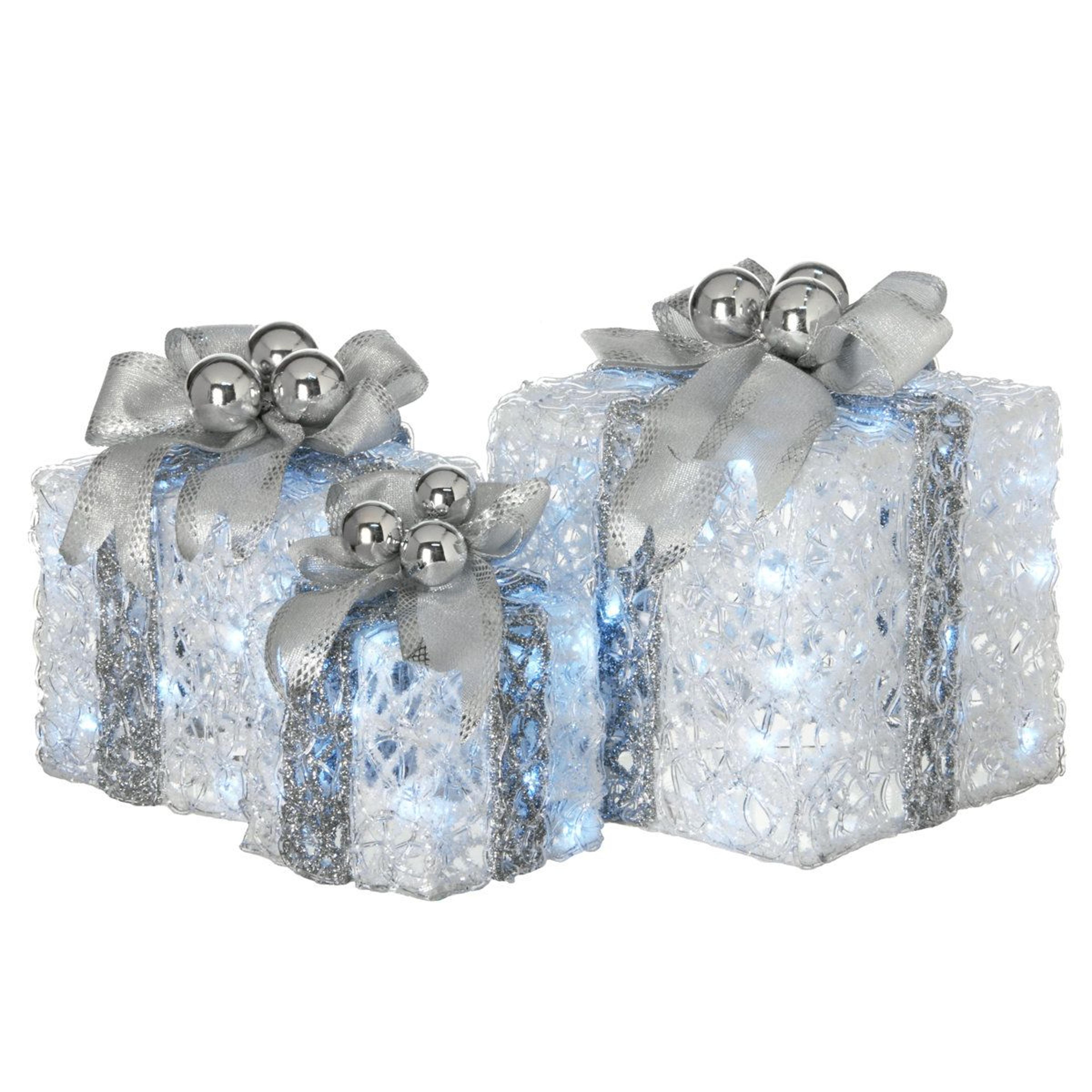 led lighted christmas gift boxes 3 piece white and silver holiday decoration set