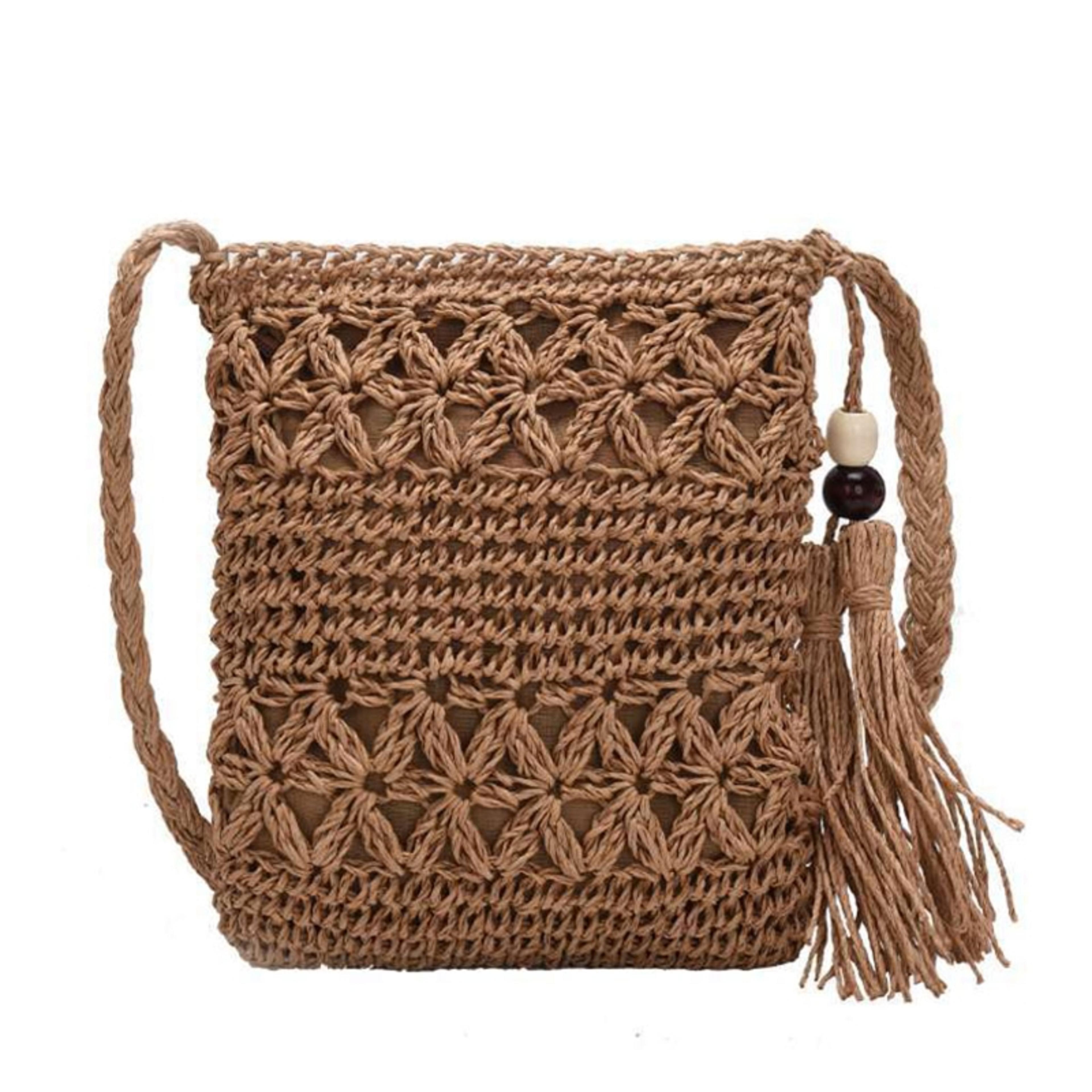 boho straw beach bag woven crochet shoulder purse with tassel for summer travel