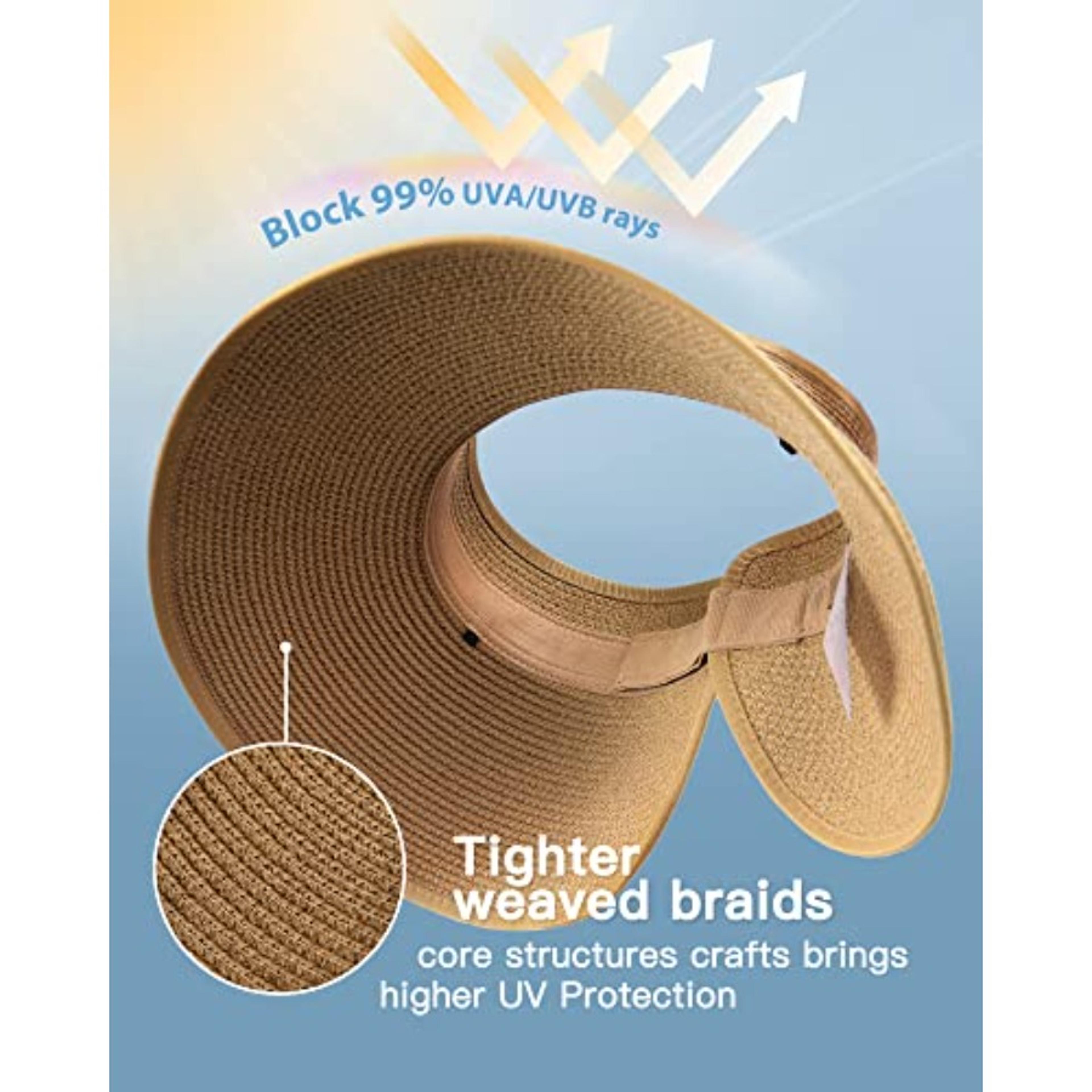 Womens Wide Brim Sun Hat UV Protection Straw Visor Hat With Ponytail Opening Foldable Beach Cap 1