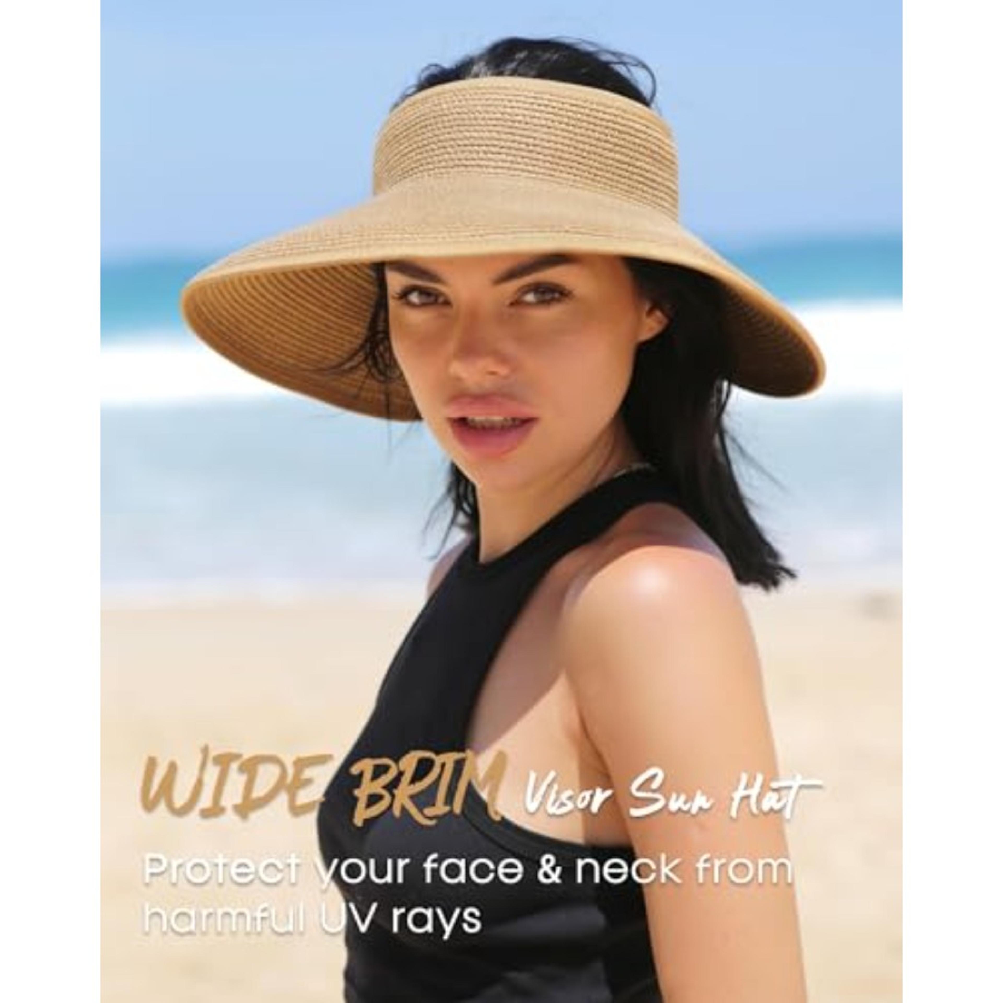 Womens Wide Brim Sun Hat UV Protection Straw Visor Hat With Ponytail Opening Foldable Beach Cap 3