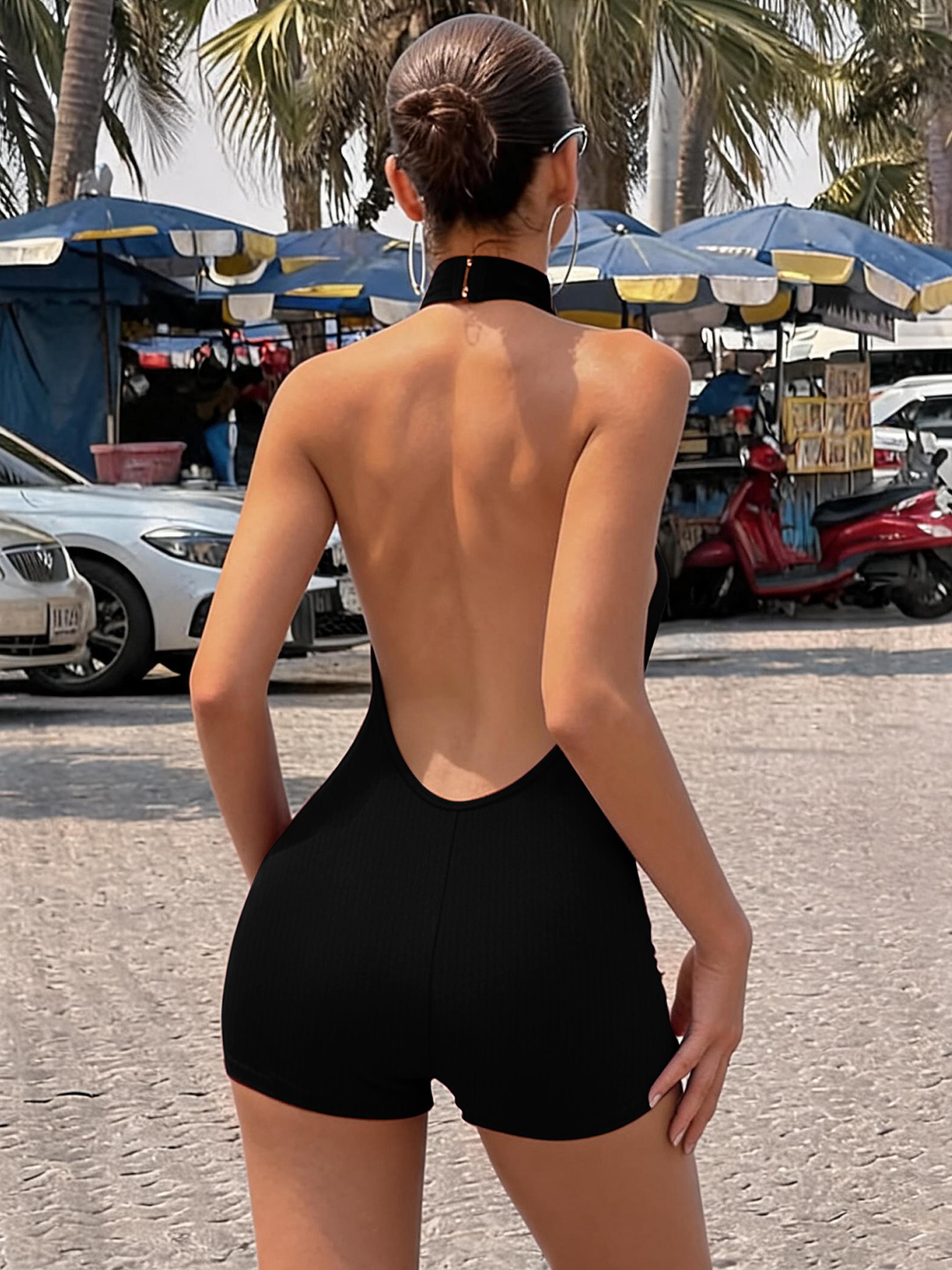 Ribbed Backless Bodycon Playsuit For Women Summer Romper 2