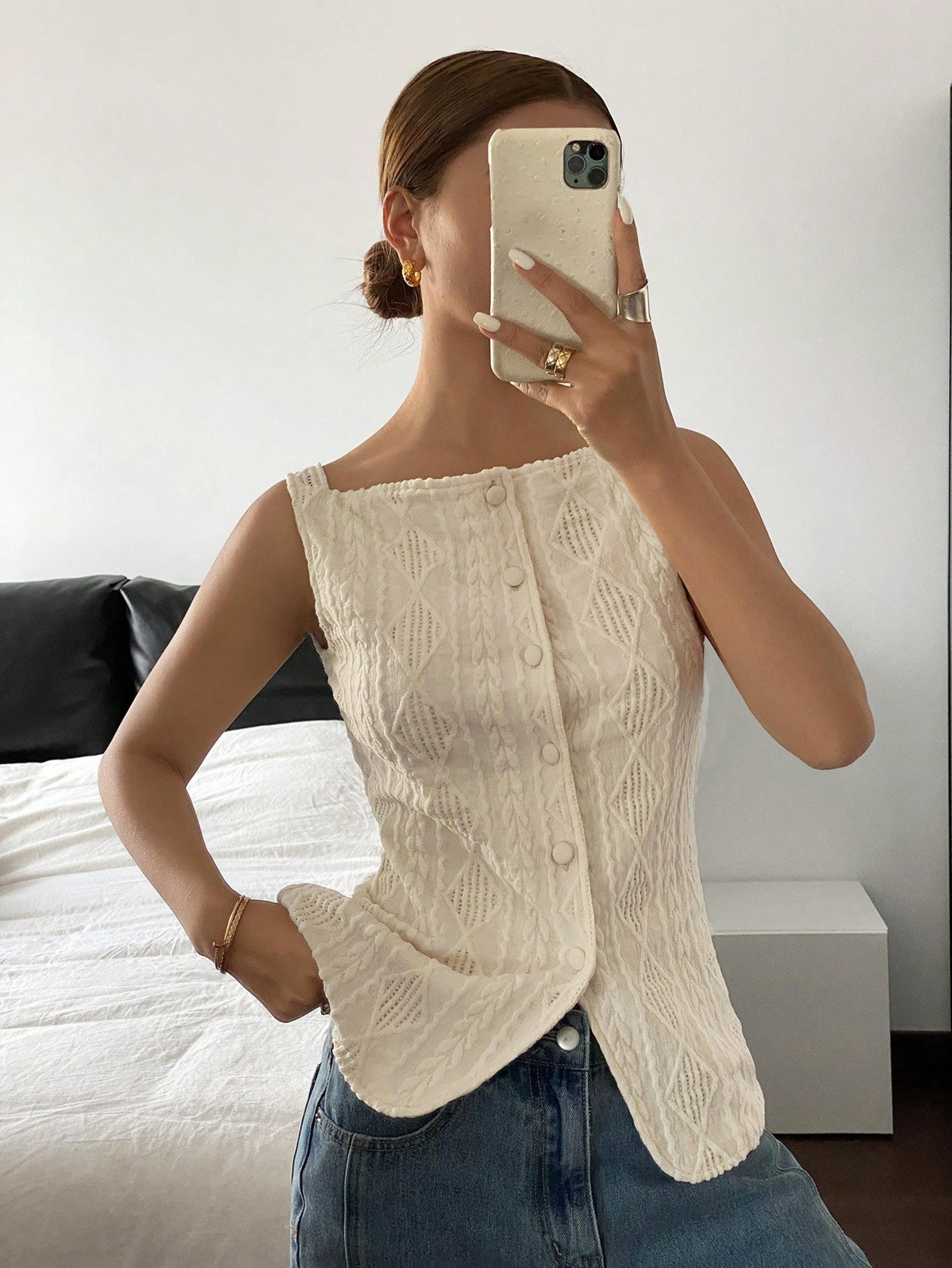 Womens Sleeveless Textured Button Up Shirt Casual Summer Blouse 3