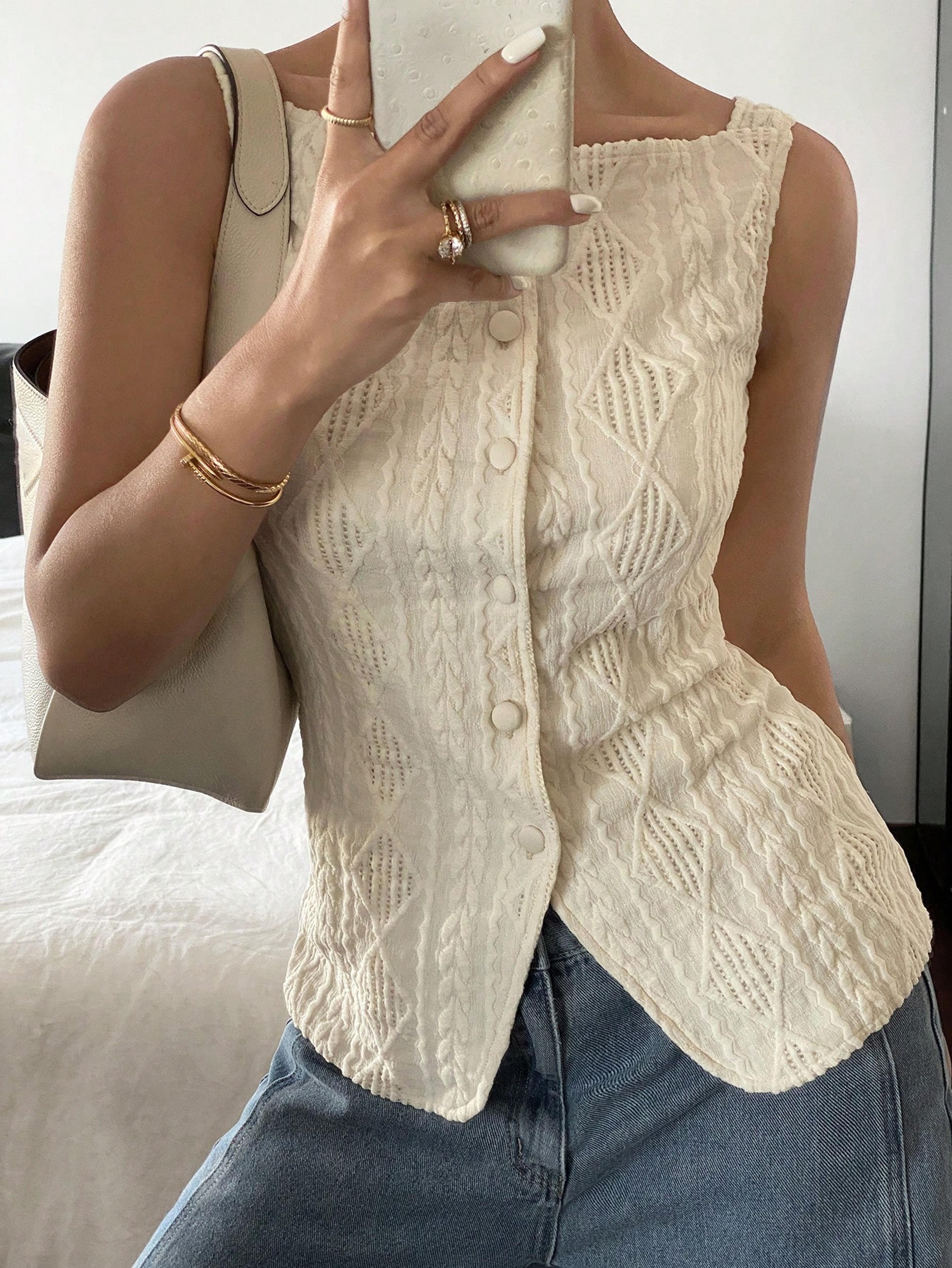 Womens Sleeveless Textured Button Up Shirt Casual Summer Blouse 4