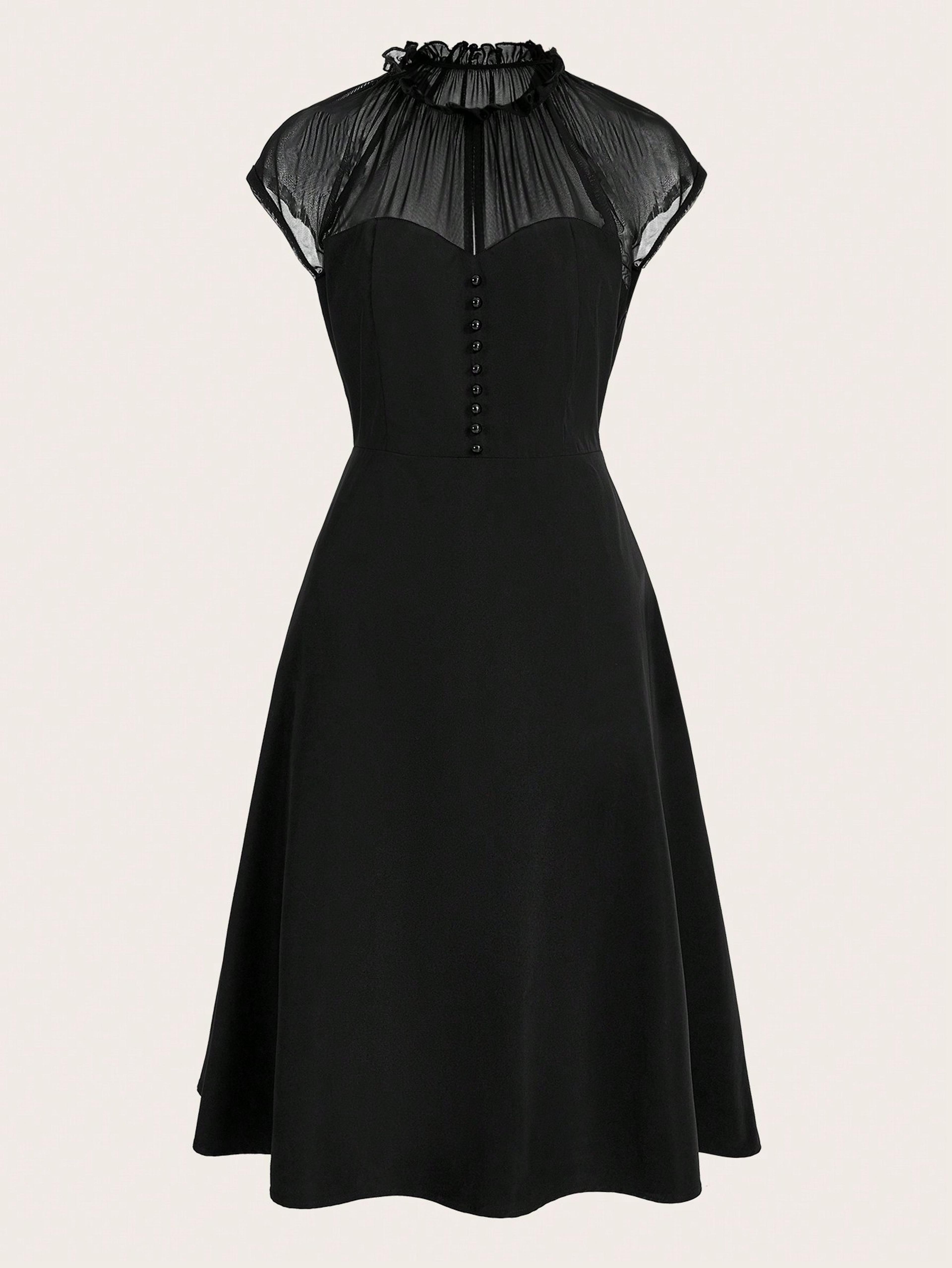 Elegant Black Mesh Midi Dress With Vintage High Neck  Sheer Panel ALine Fit 2