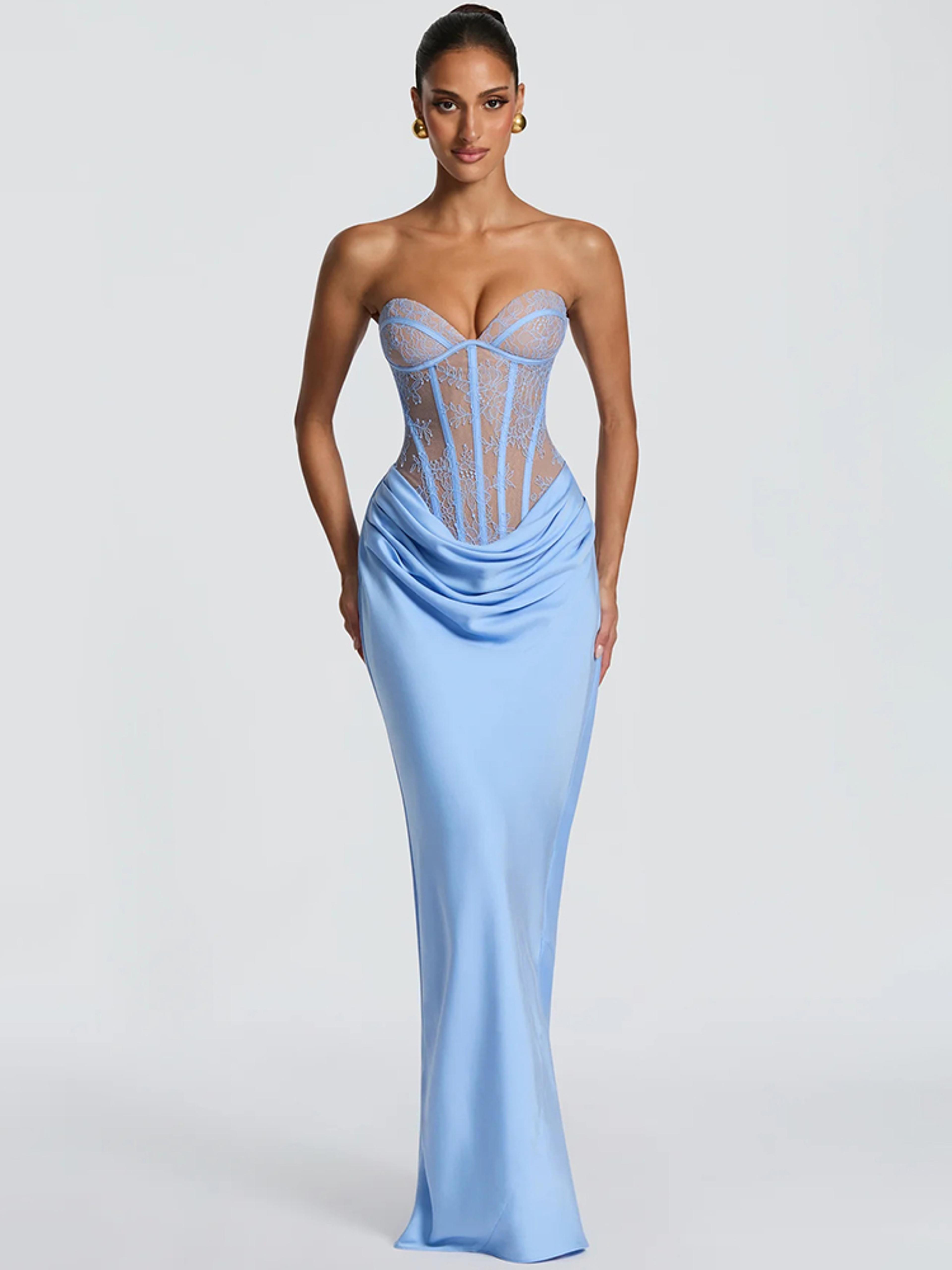 elegant strapless satin mermaid dress with lace corset & ruched waist evening gown