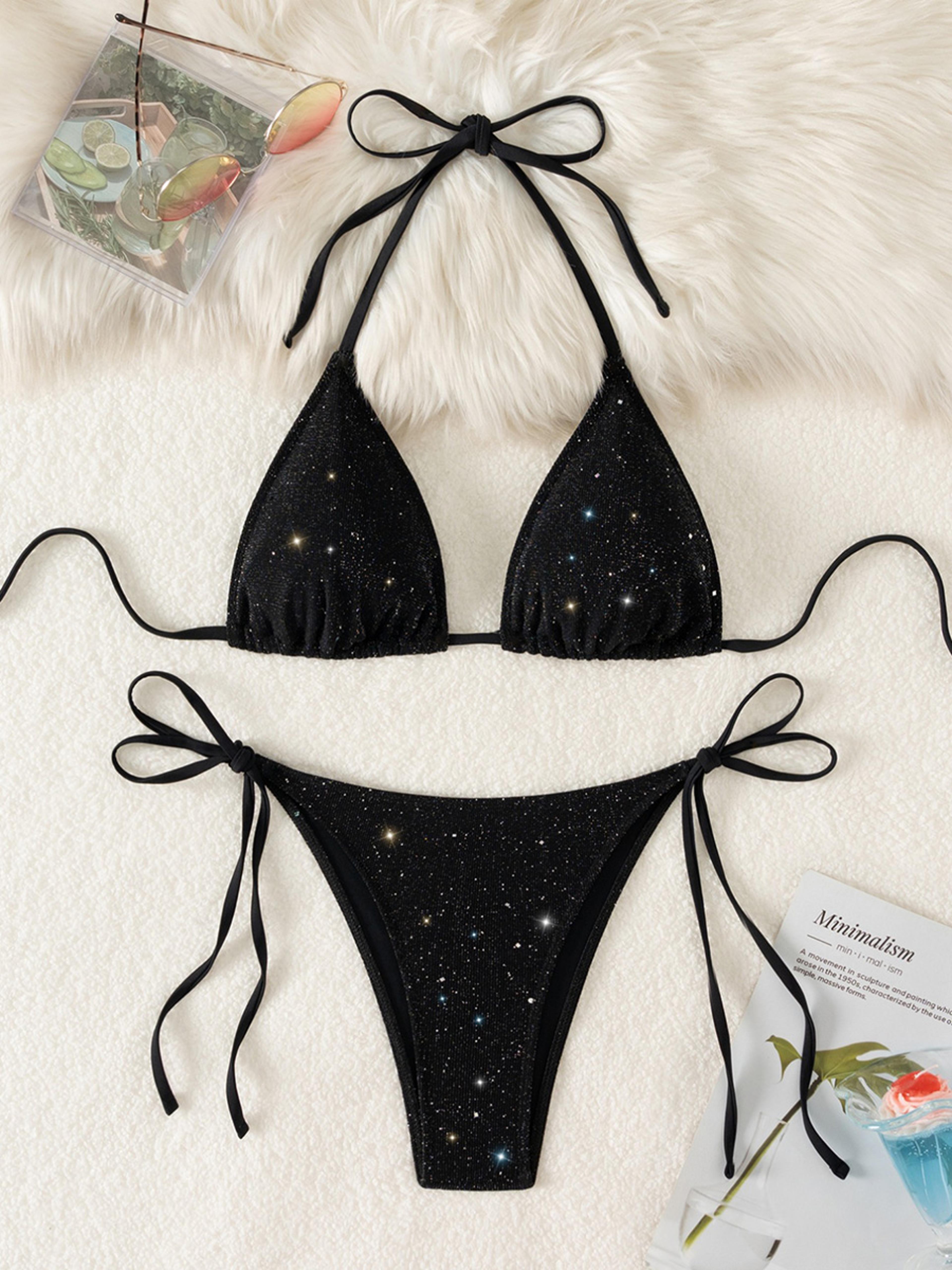 Sparkly High Cut Halter Bikini Set For Women Strappy Swimsuit 7