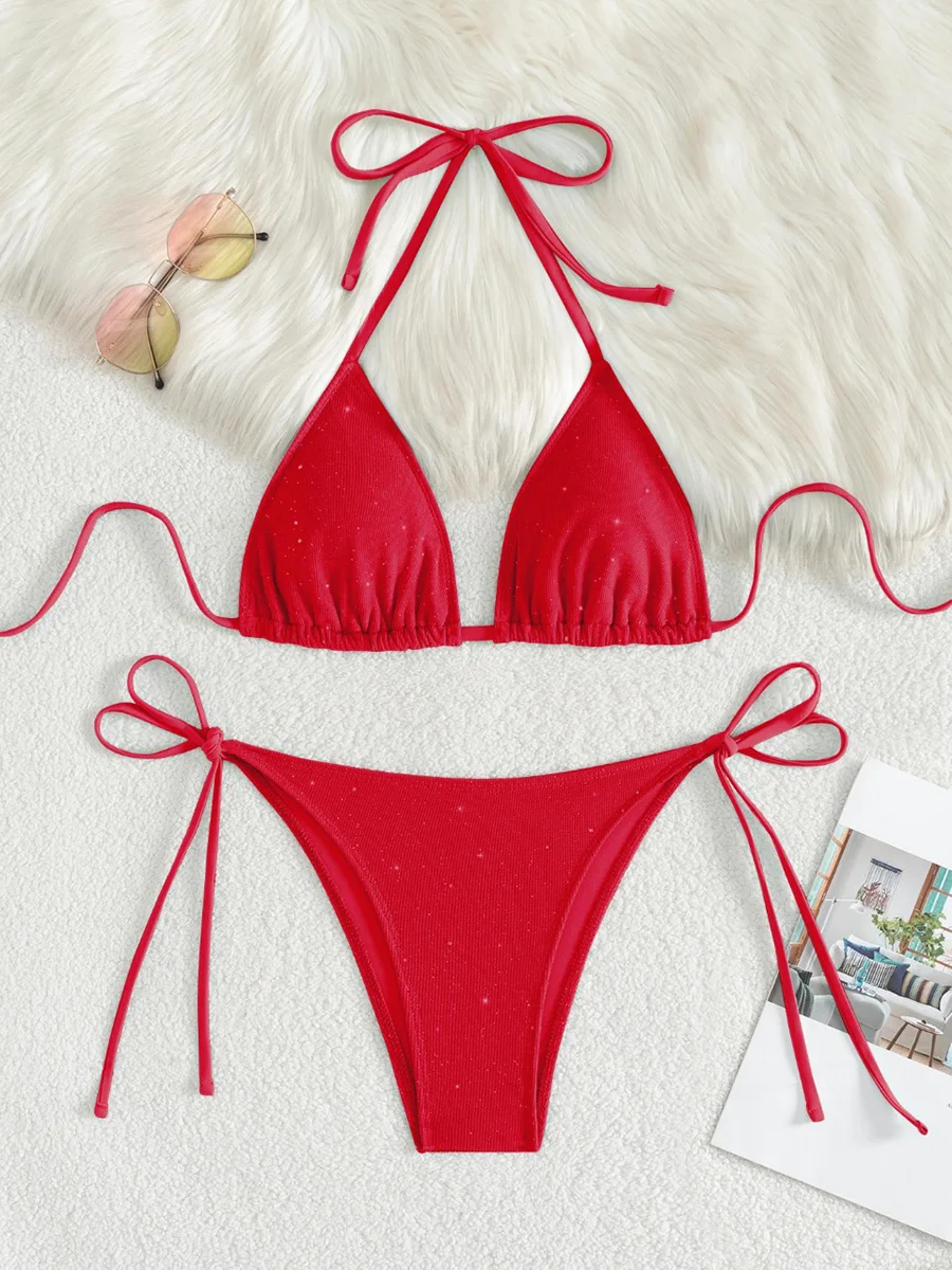 Sparkly High Cut Halter Bikini Set For Women Strappy Swimsuit 2