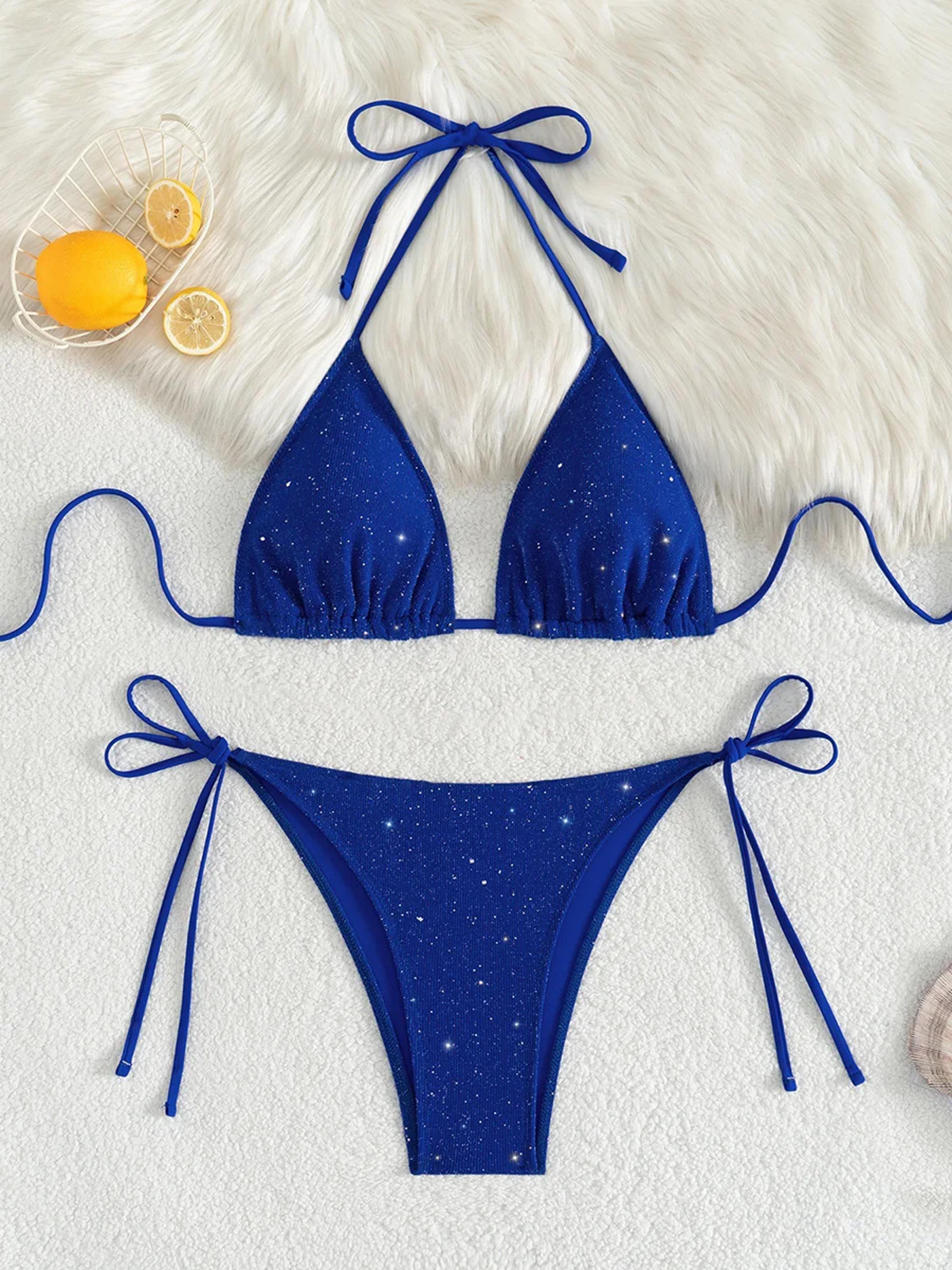 Sparkly High Cut Halter Bikini Set For Women Strappy Swimsuit 3