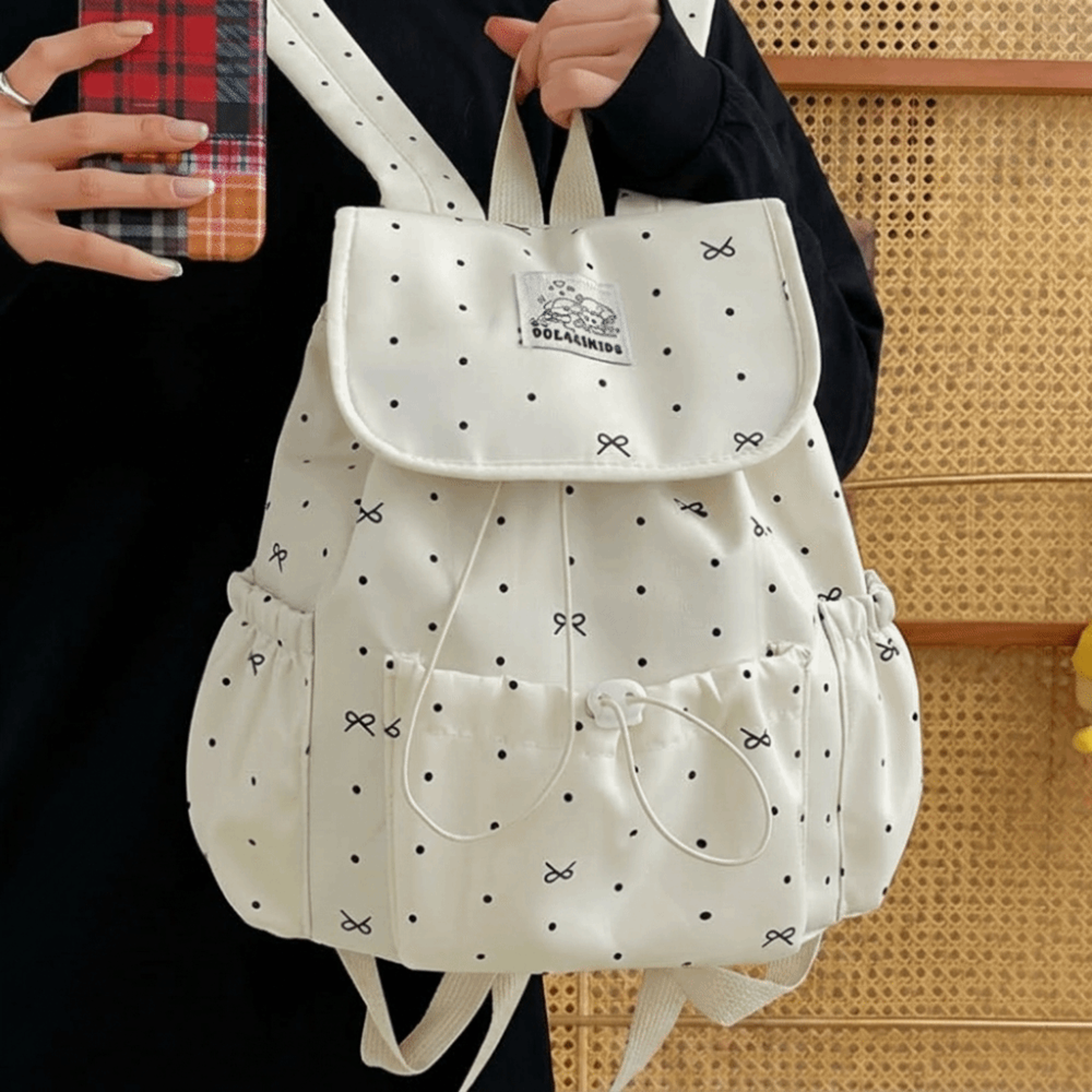 Womens Backpack Large Capacity Drawstring Backpack With Polka Dot Design Preppy School Travel Bag 4