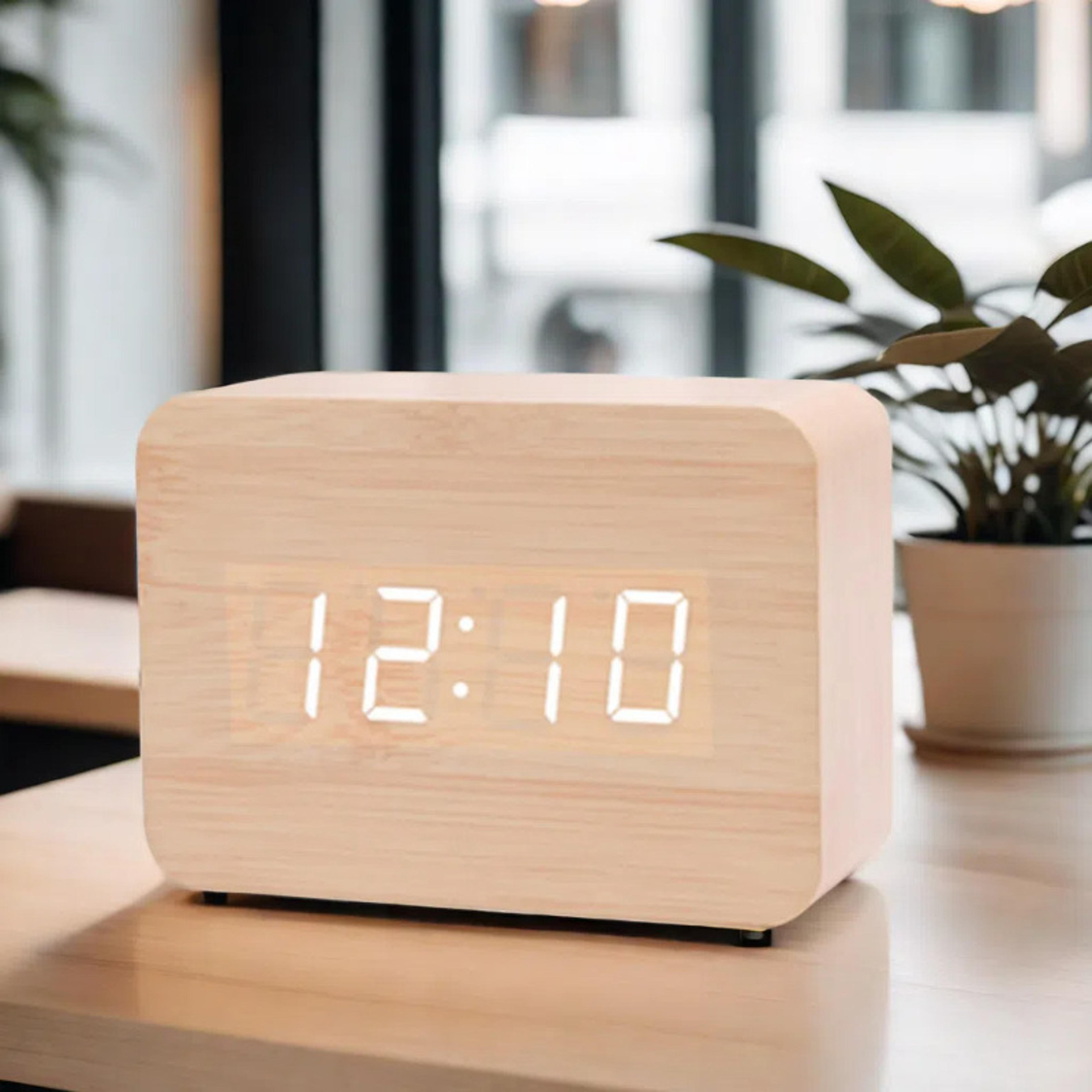 Wooden LED Alarm Clock Digital Wooden Clock Voice Control LED Desk Clock For Bedroom Office Home De 3