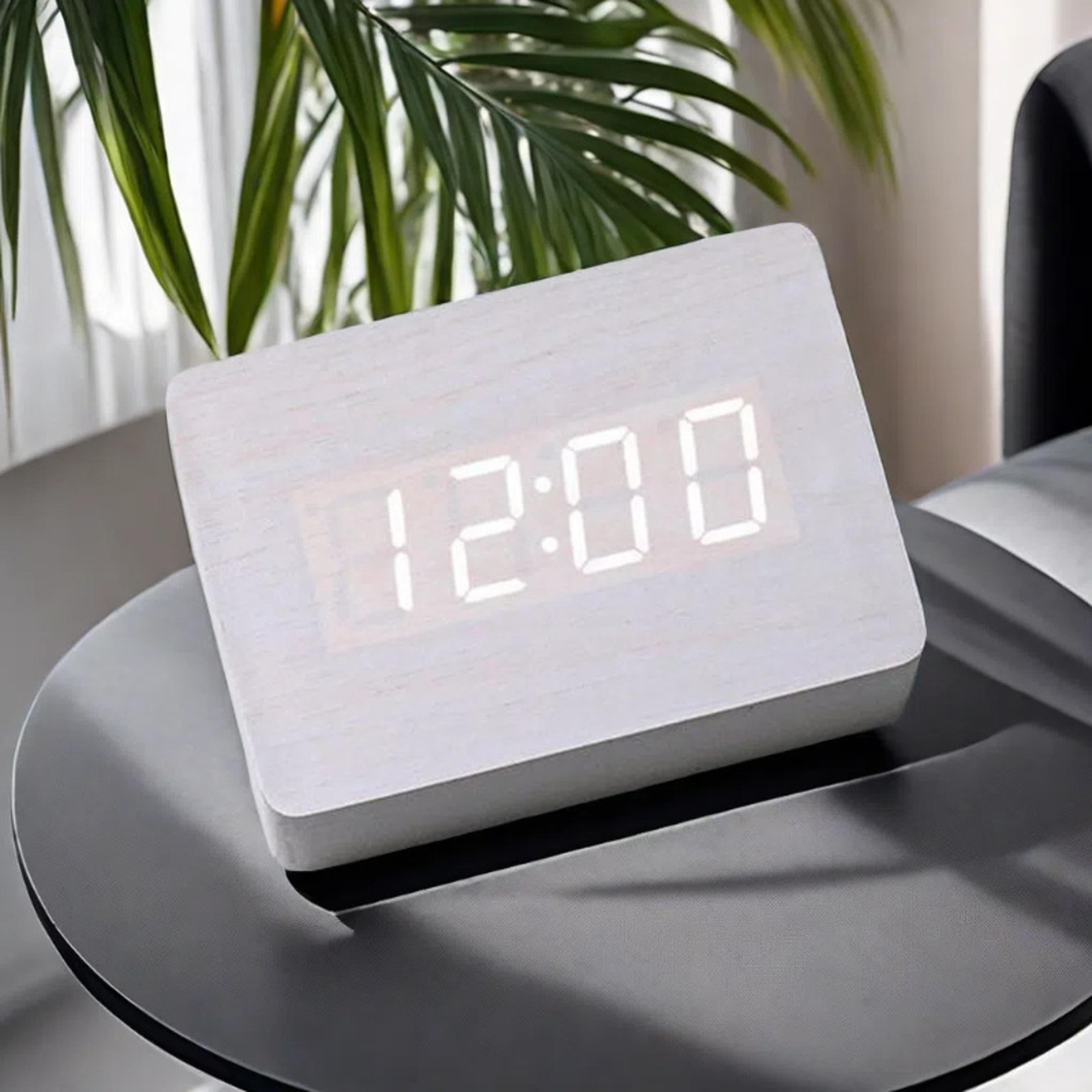 Wooden LED Alarm Clock Digital Wooden Clock Voice Control LED Desk Clock For Bedroom Office Home De 5