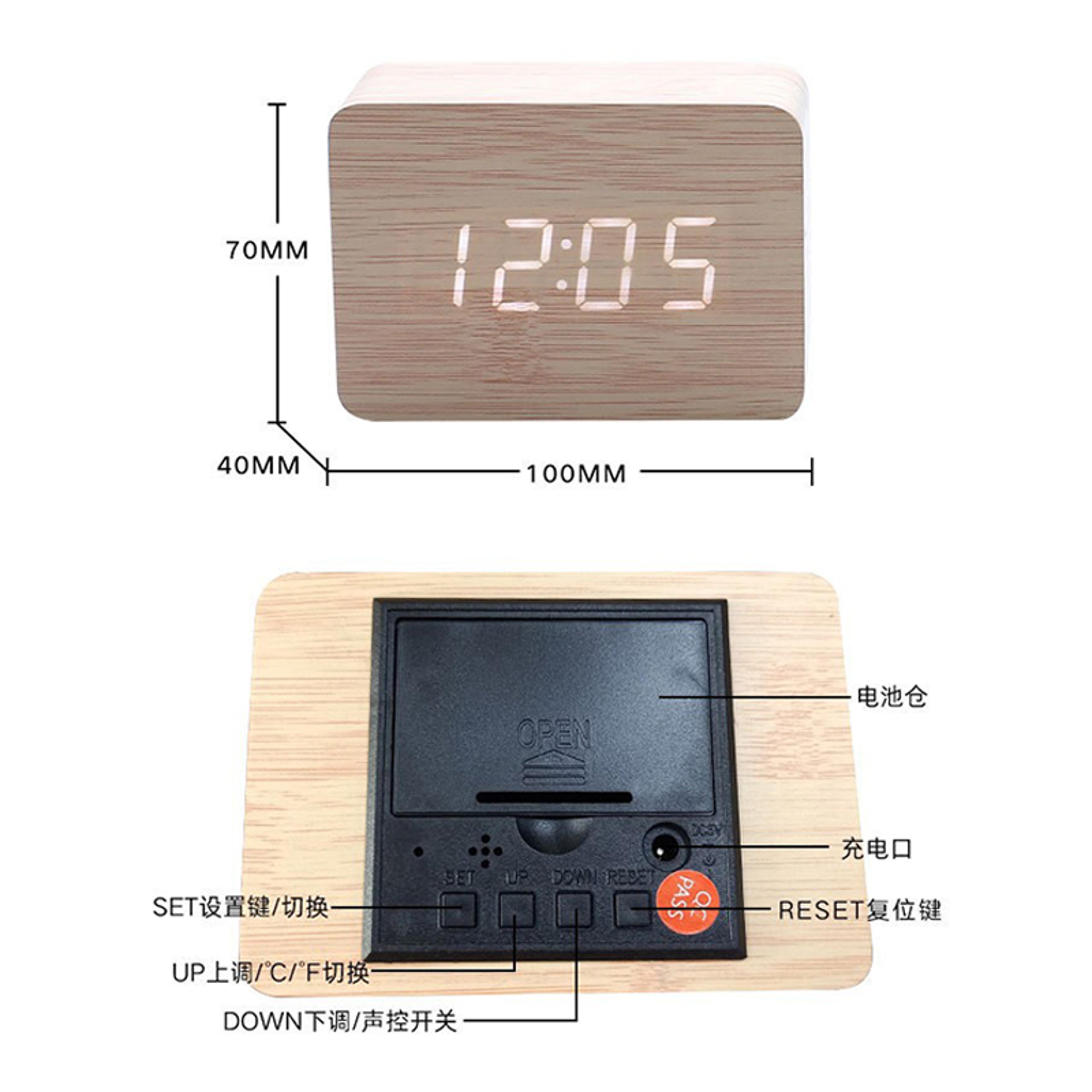 Wooden LED Alarm Clock Digital Wooden Clock Voice Control LED Desk Clock For Bedroom Office Home De 7