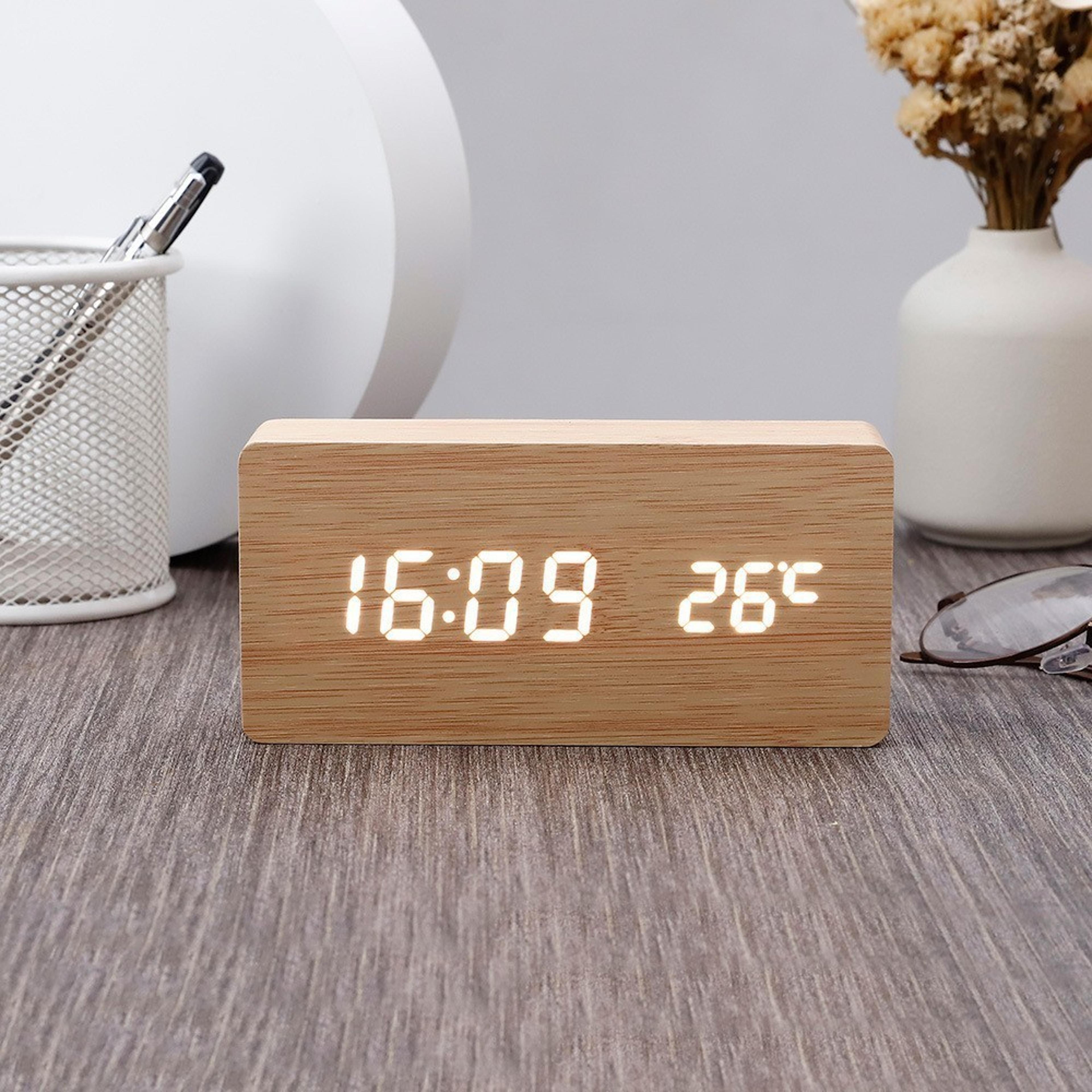 Wooden LED Alarm Clock With Voice Control Digital Desk Clock For Bedroom Office Home Decor 5