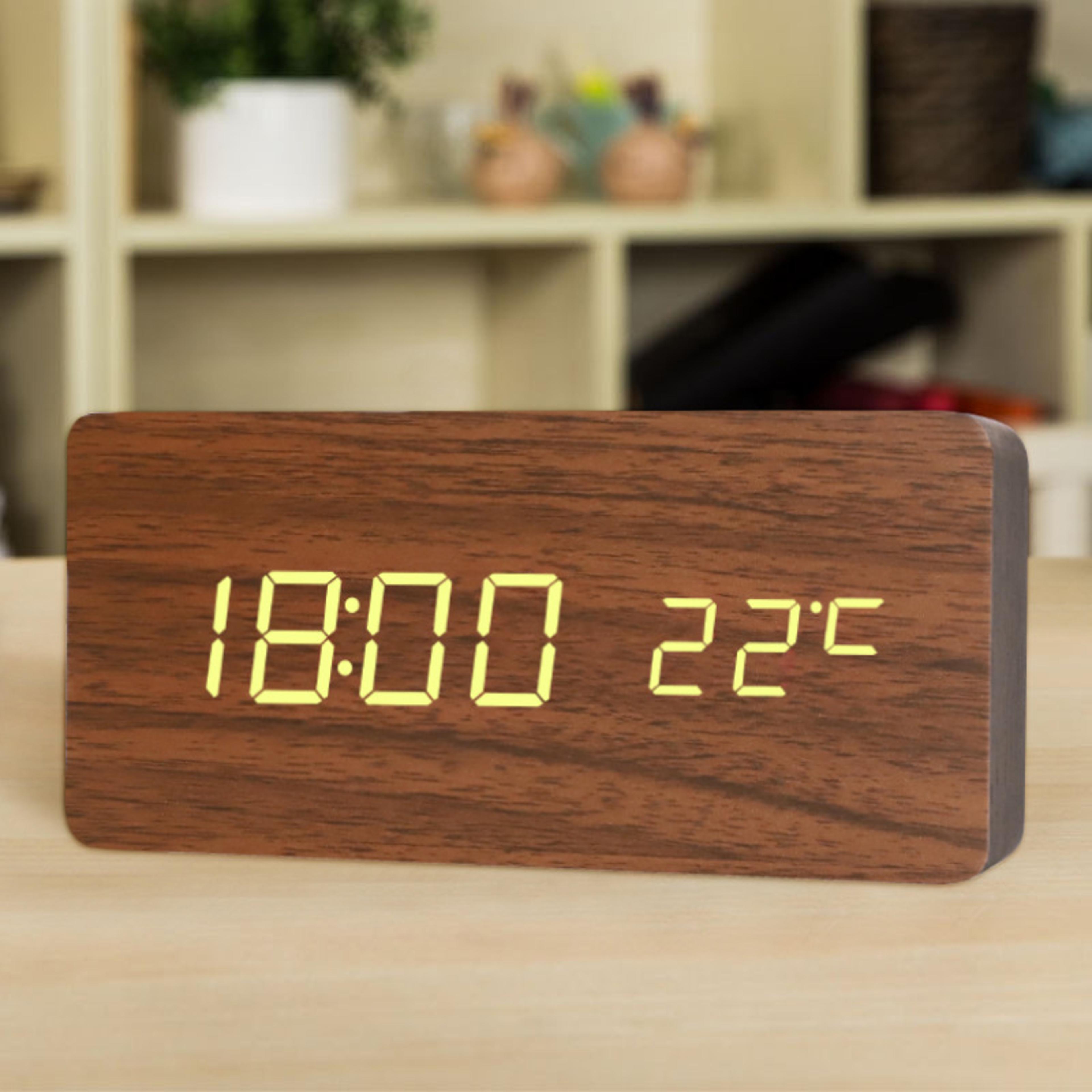 Wooden LED Alarm Clock With Voice Control Digital Desk Clock For Bedroom Office Home Decor 7