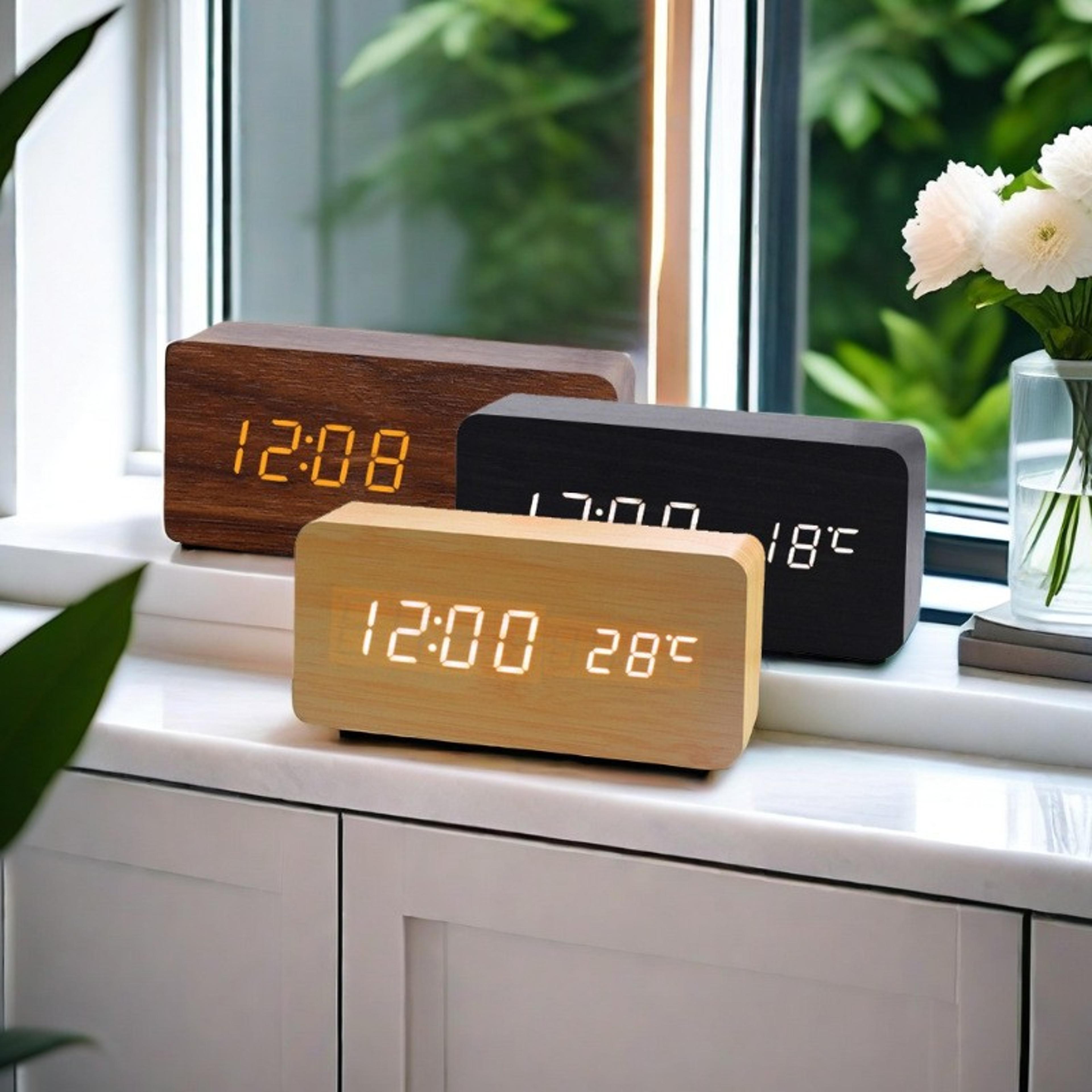 Wooden LED Alarm Clock With Voice Control Digital Desk Clock For Bedroom Office Home Decor 8