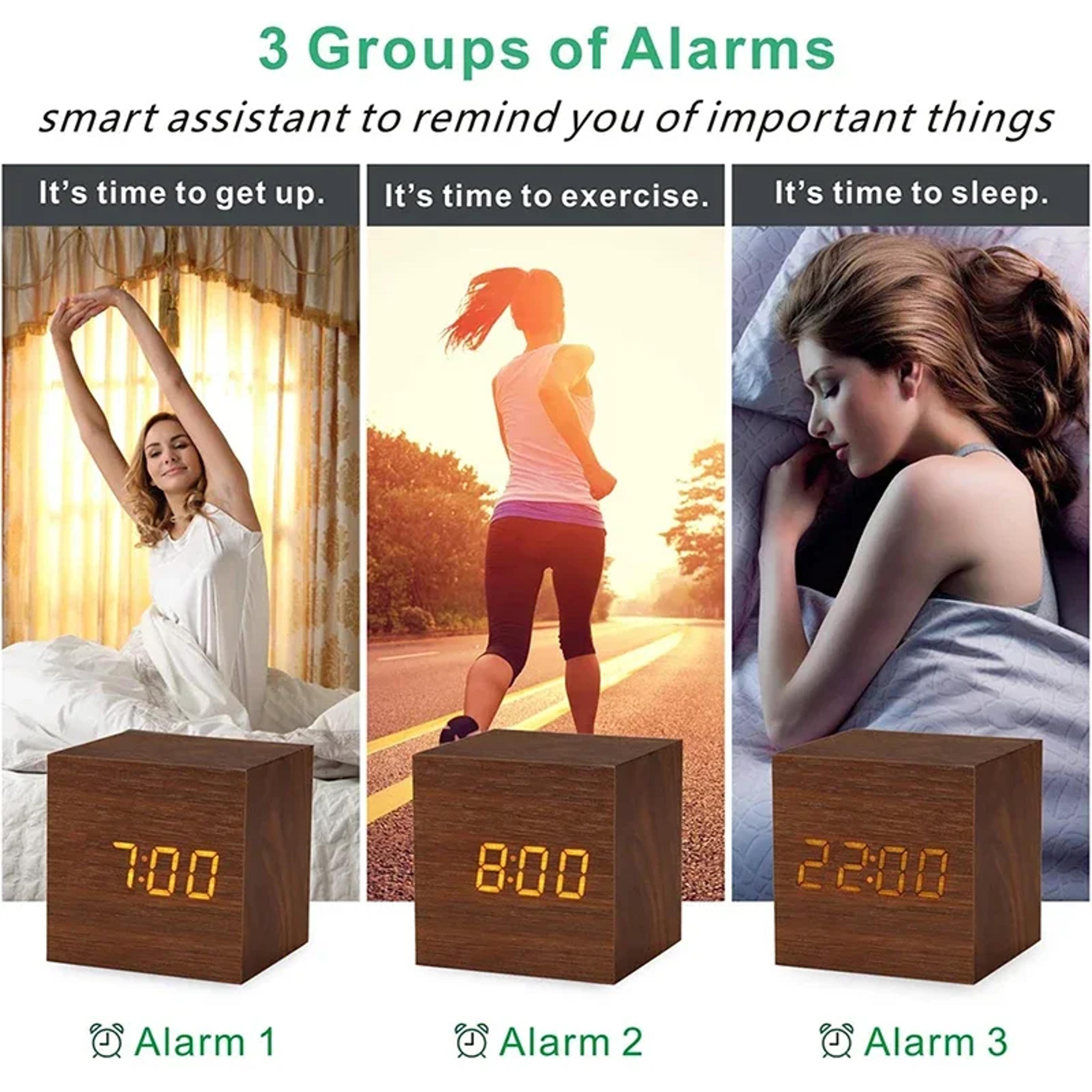 Wooden LED Alarm Clock With Voice Control Digital Wood Desk Clock Snooze Bedroom Table Clock 2