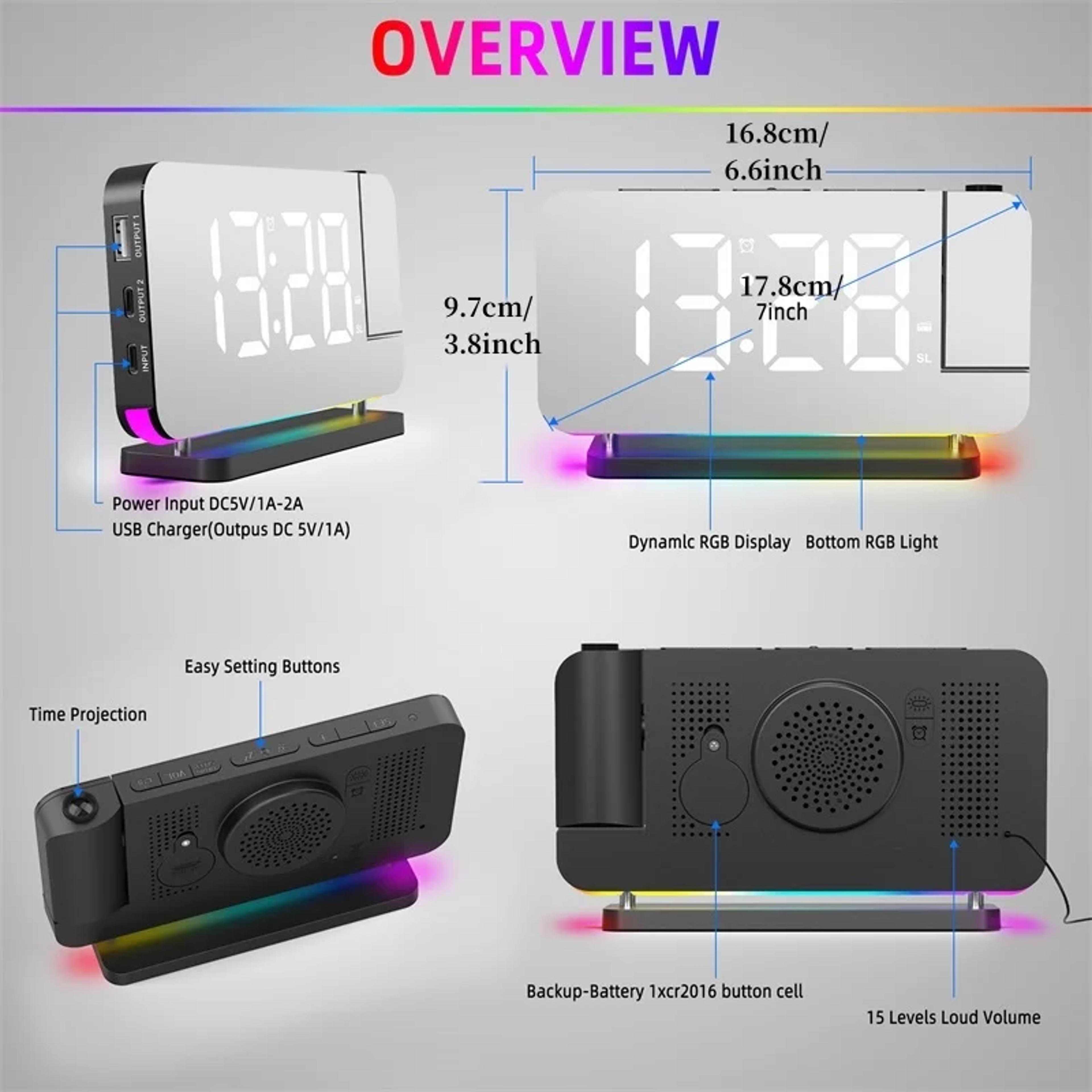 Projection Alarm Clock With FM Radio RGB Night Light Dual USB Charging Digital LED Clock 5