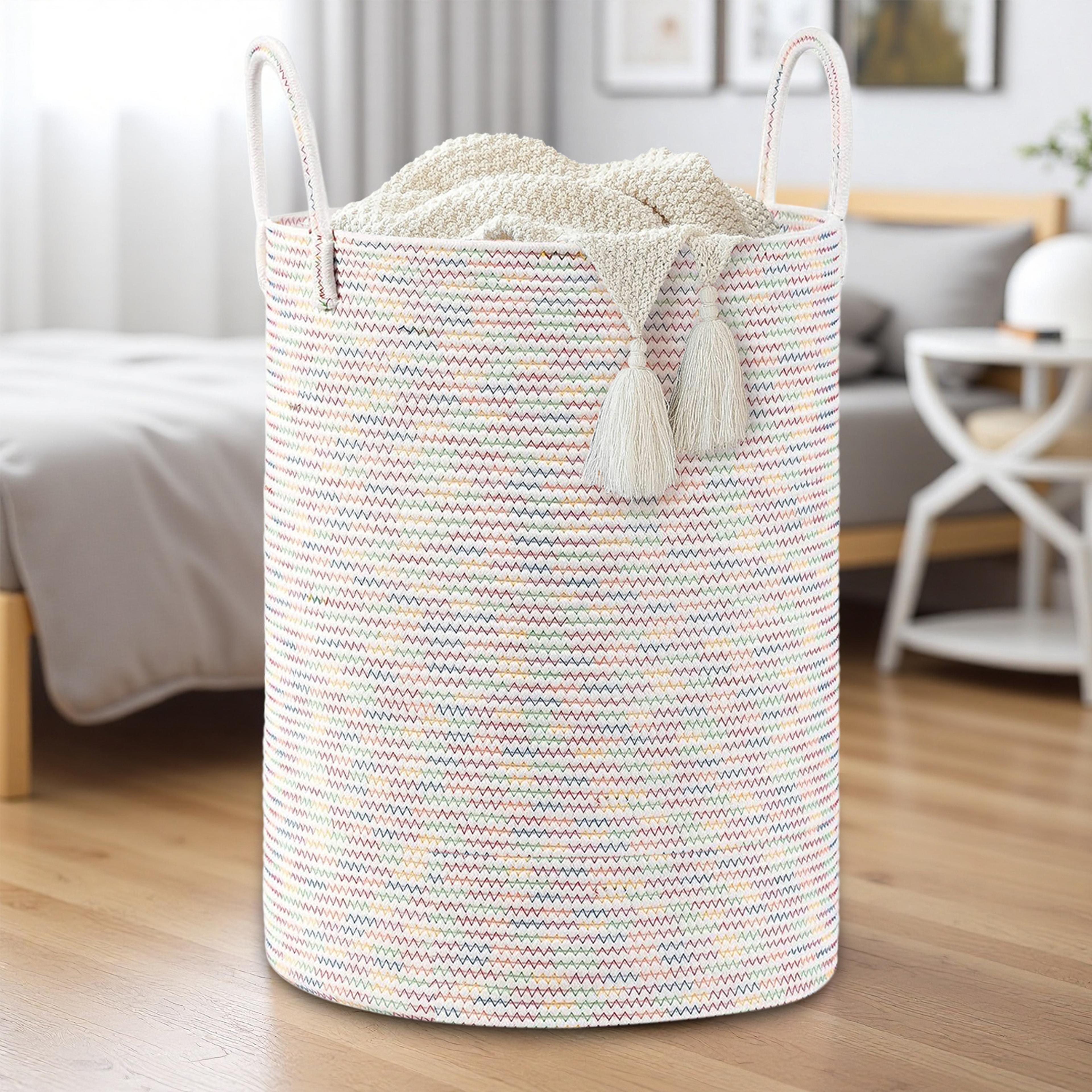 large woven cotton rope laundry hamper and storage basket with handles
