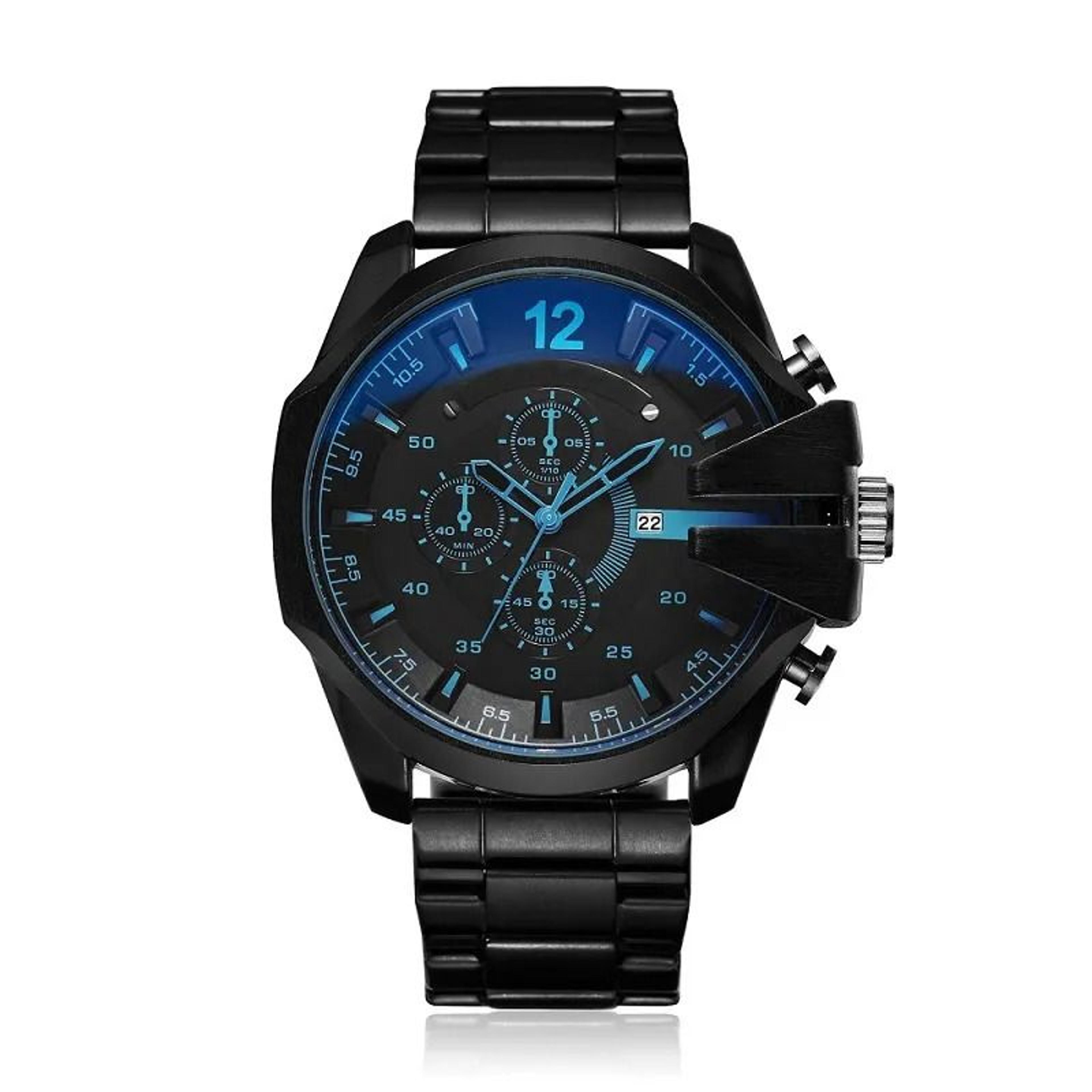 mens large dial stainless steel quartz military watch with calendar