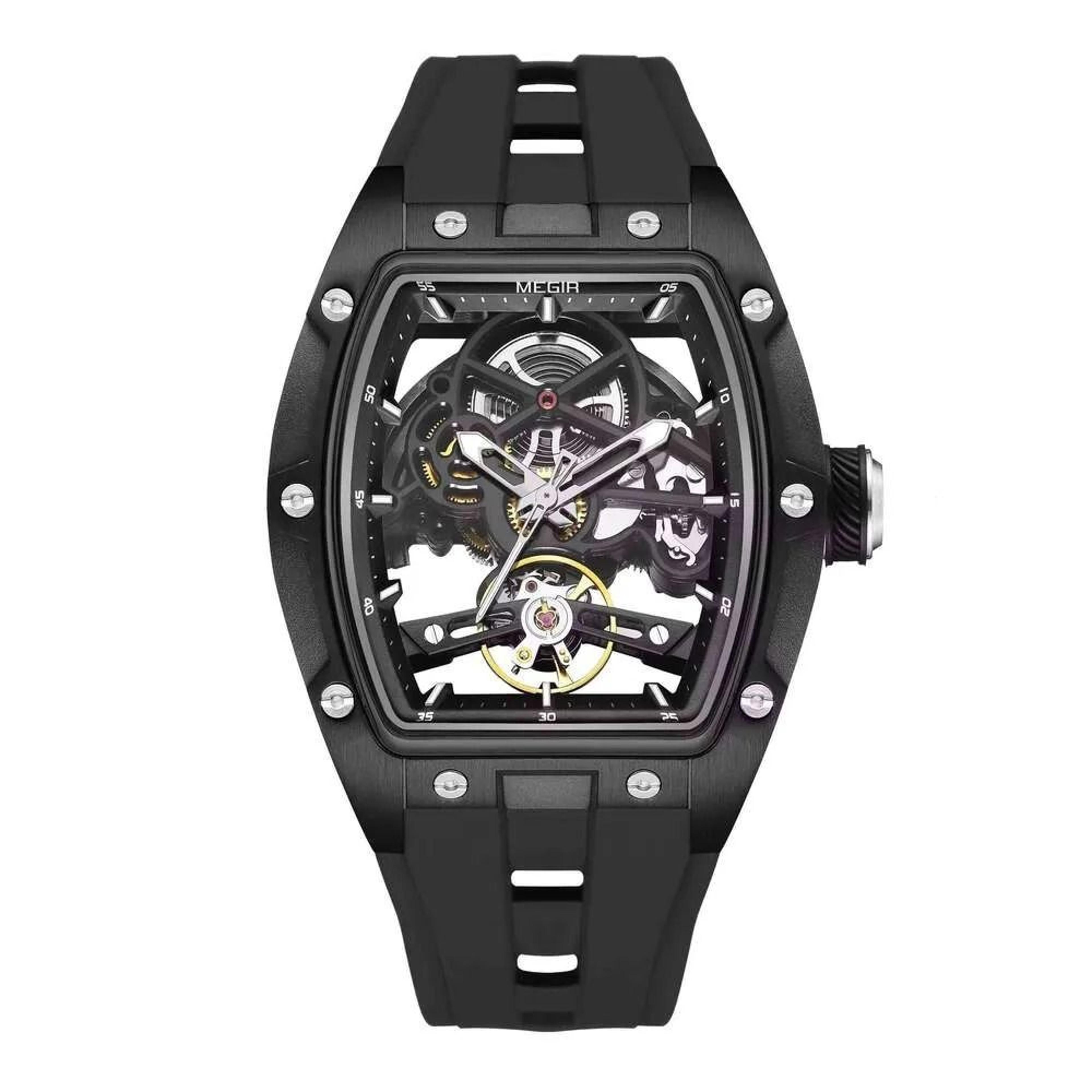 mens skeleton automatic mechanical watch with luminous display and silicone strap