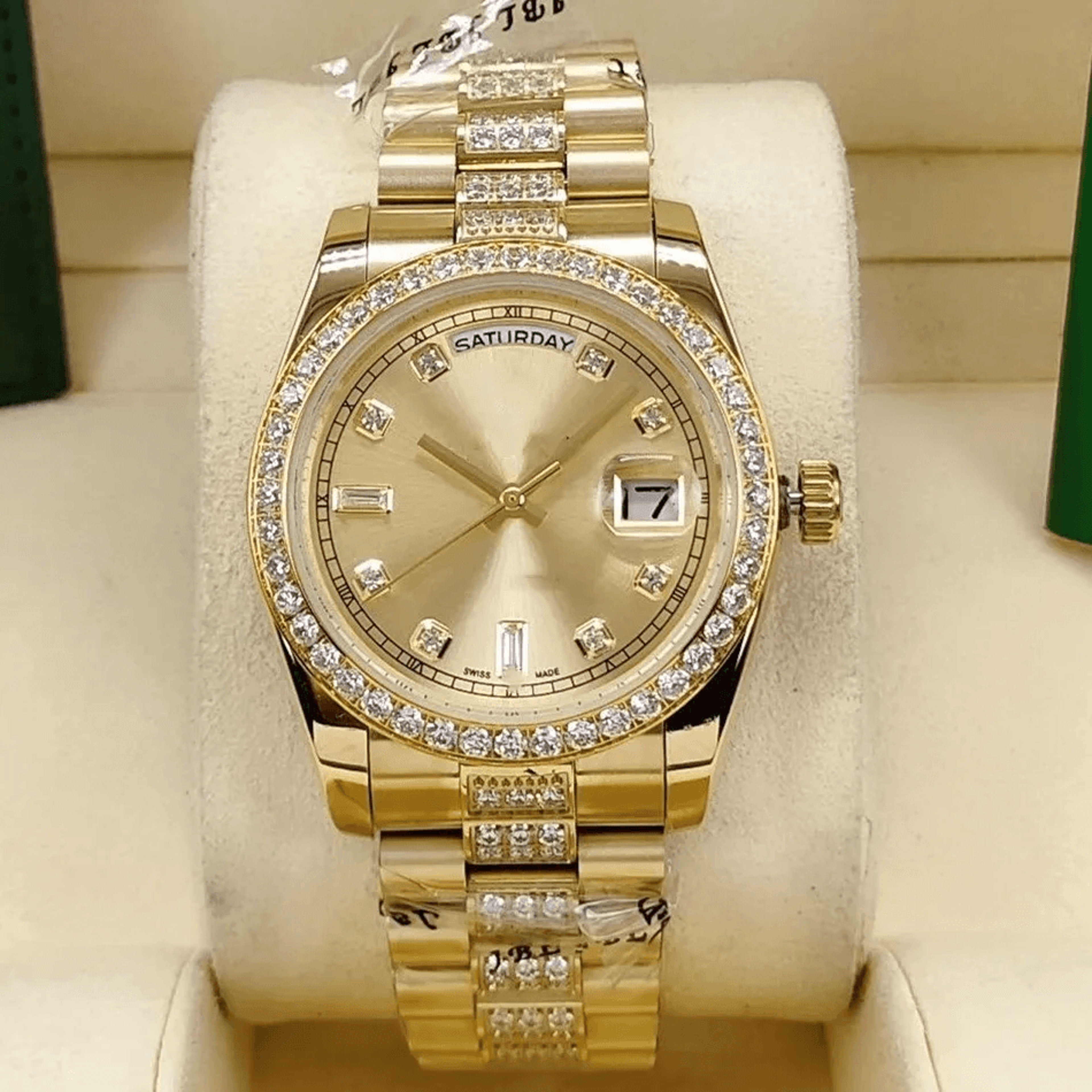 Gold Mens Automatic Watch Green Dial Day Date Diamond Style Stainless Steel 2