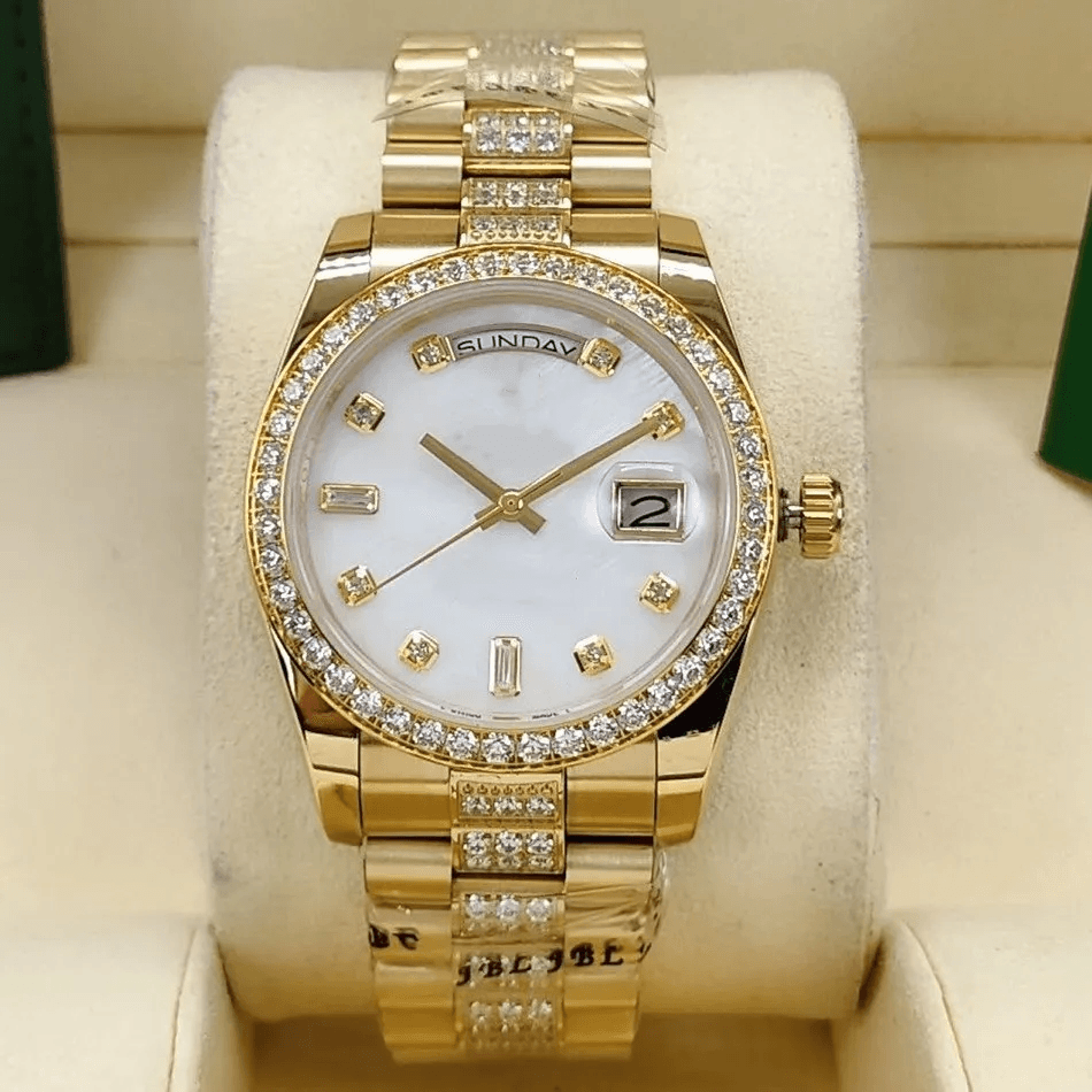 Gold Mens Automatic Watch Green Dial Day Date Diamond Style Stainless Steel 4