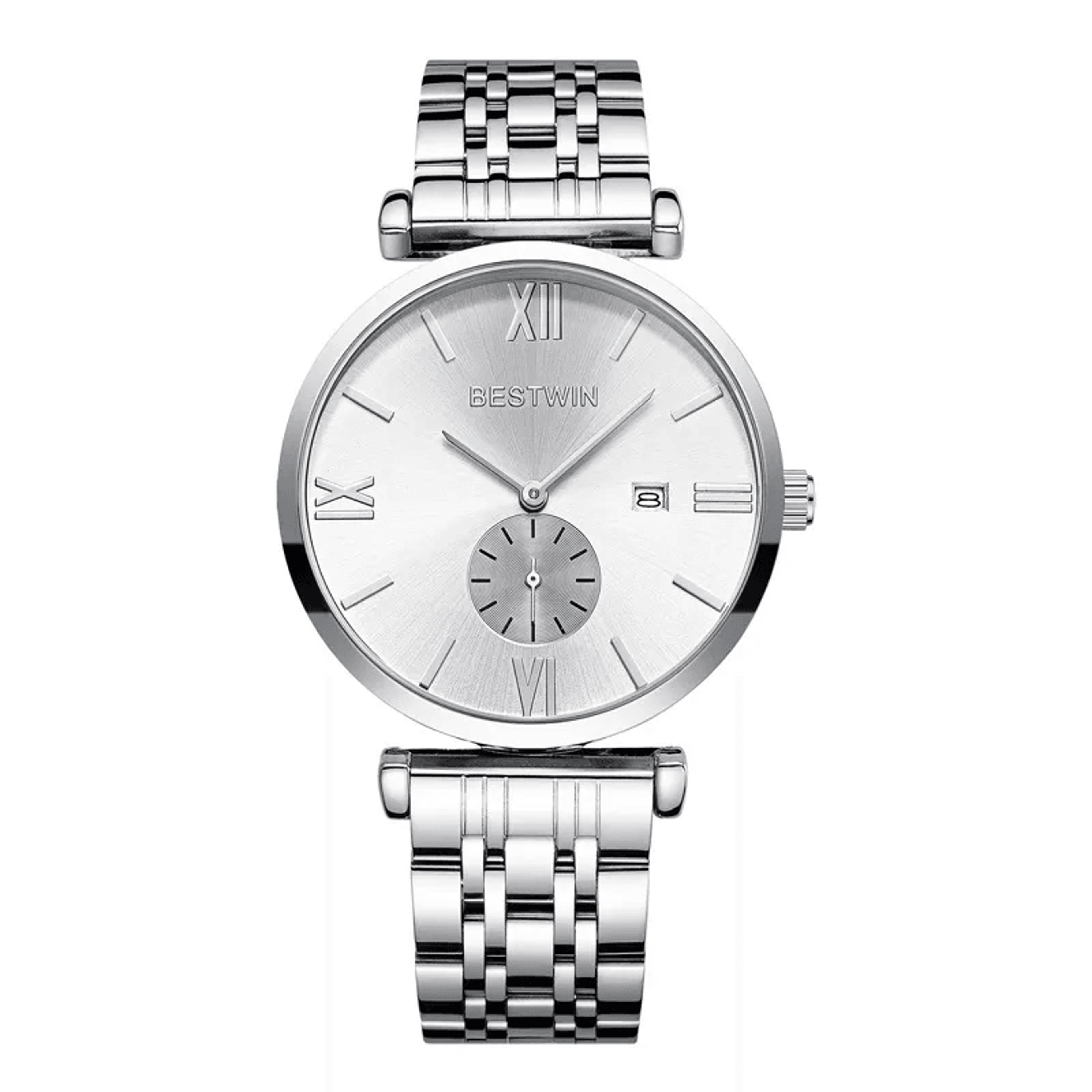 classic stainless steel men's quartz watch with calendar business style