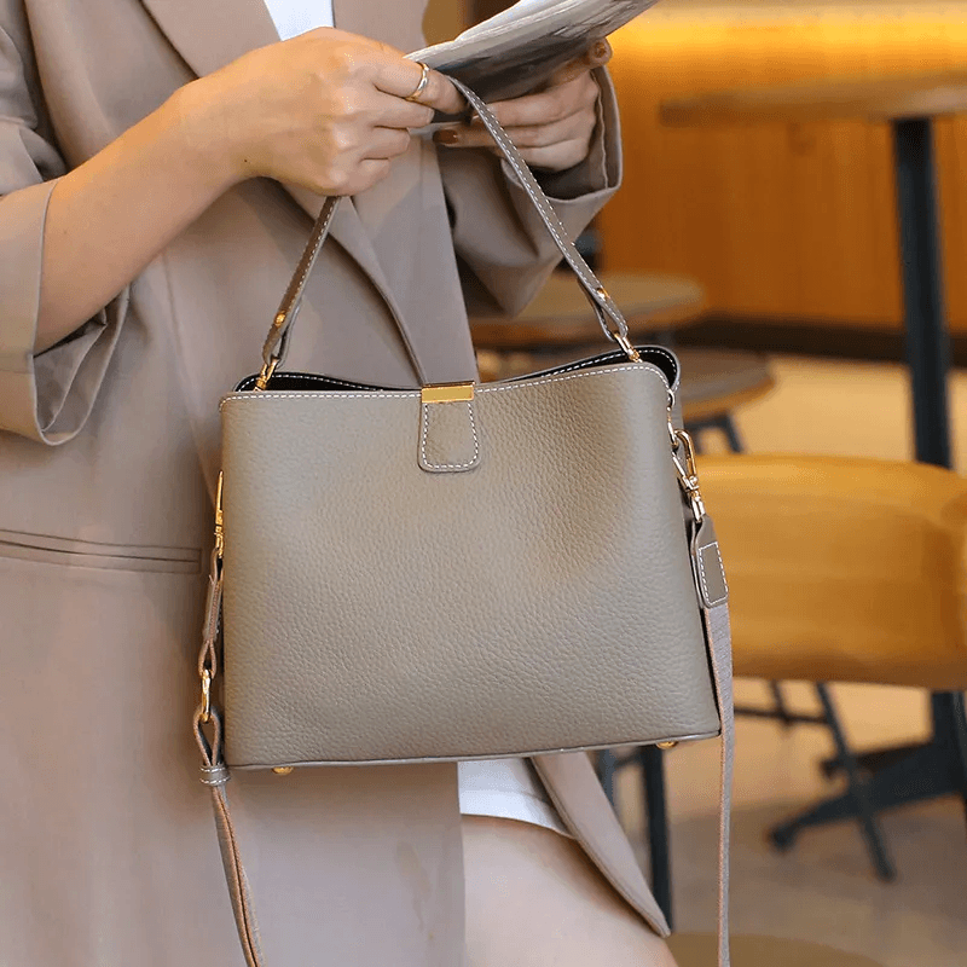 Genuine Leather Bucket Handbag With Dual Straps Gold Lock Shoulder Crossbody Bag 6