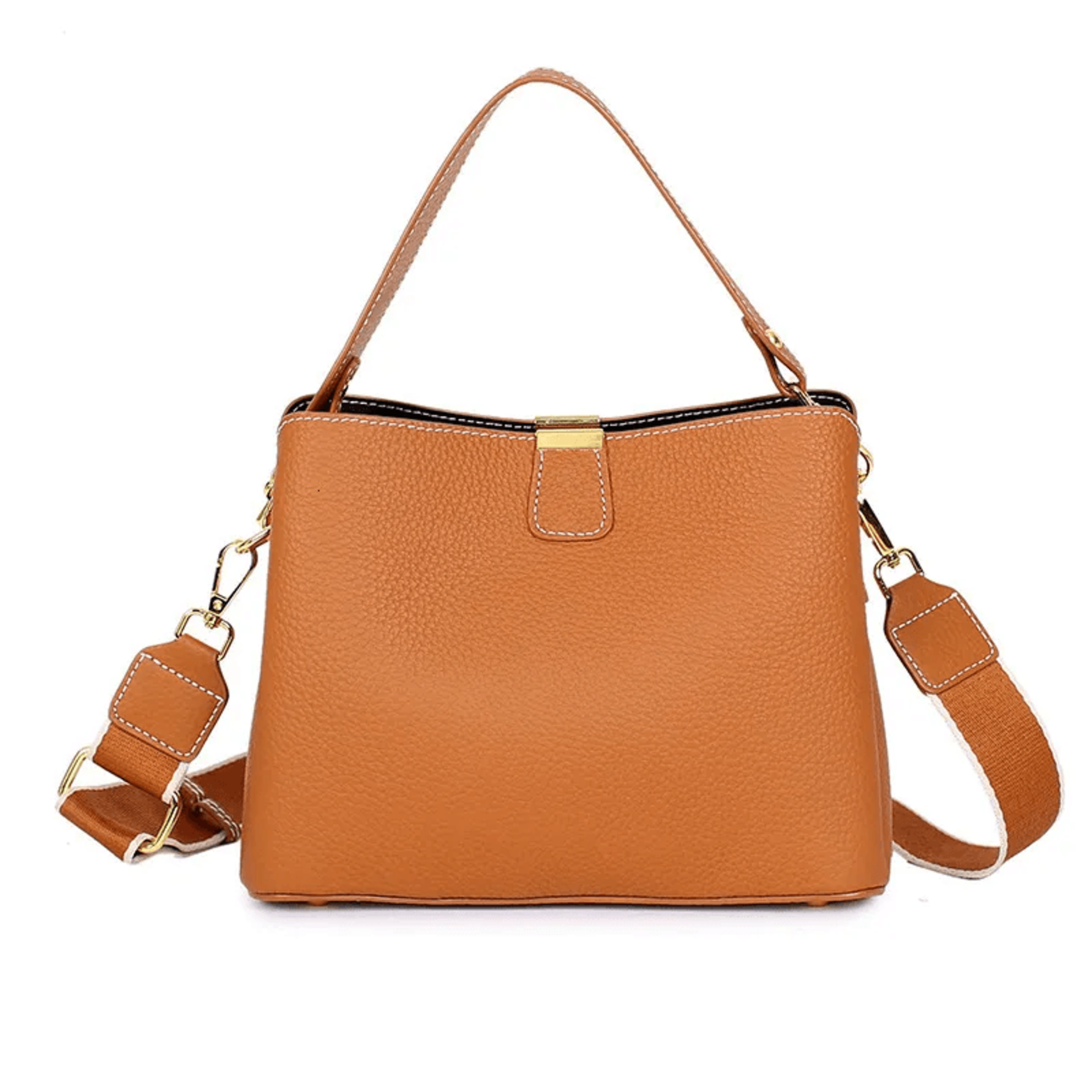 Genuine Leather Bucket Handbag With Dual Straps Gold Lock Shoulder Crossbody Bag 1