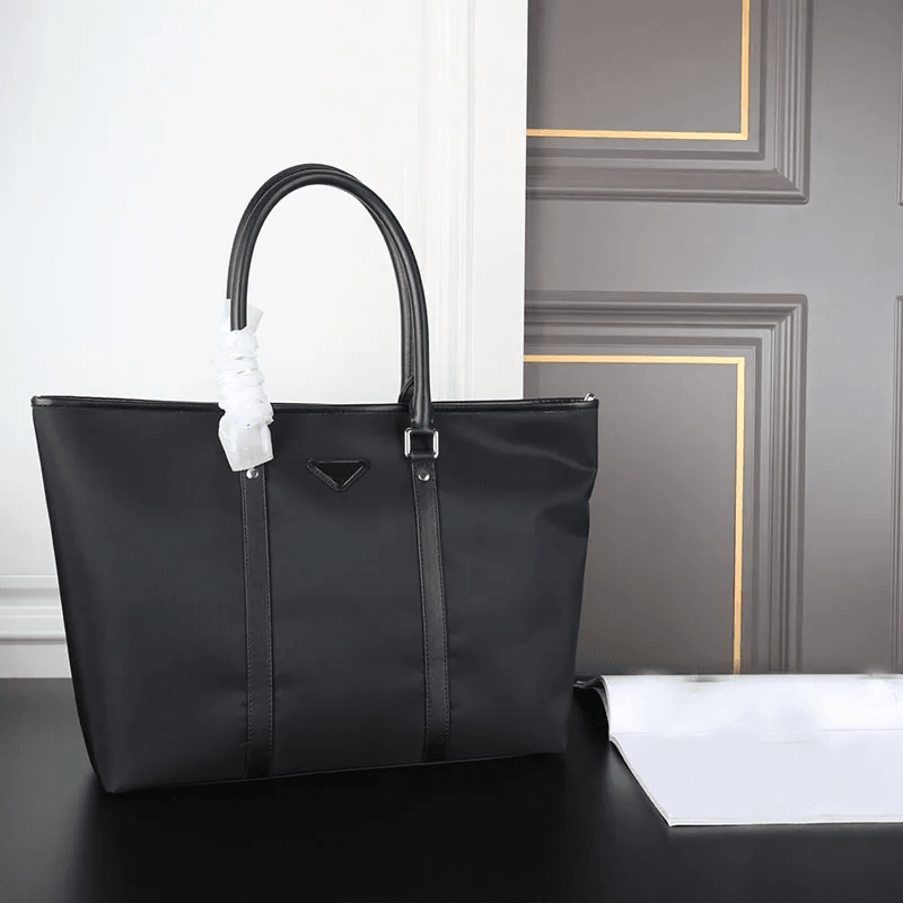 nylon tote bag large capacity leather top handle shoulder bag for work and daily use