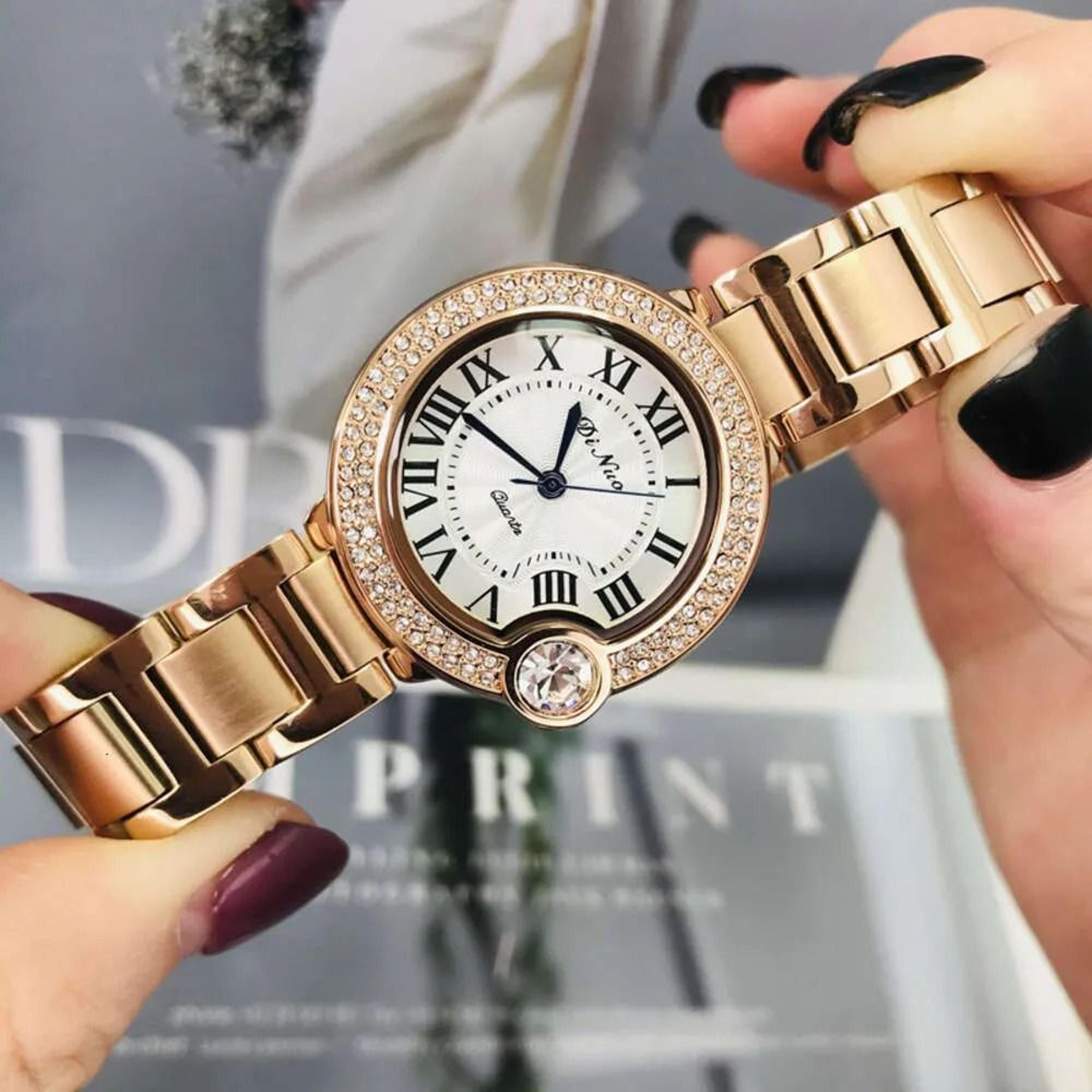 Women Diamond Bezel Quartz Watch Waterproof Roman Numeral Stainless Steel Band 1