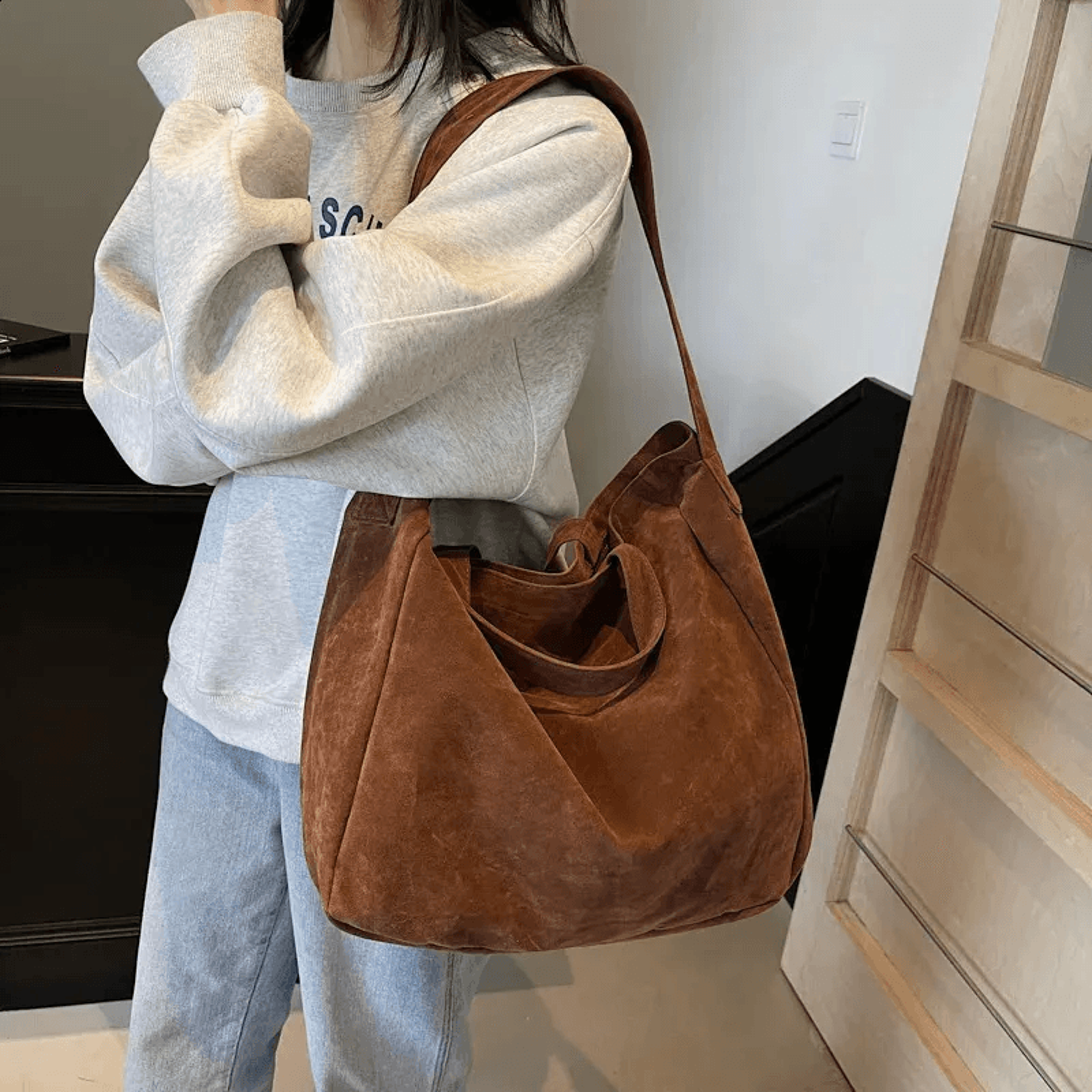 Vintage Suede Tote Bag Large Shoulder Crossbody Bag 2