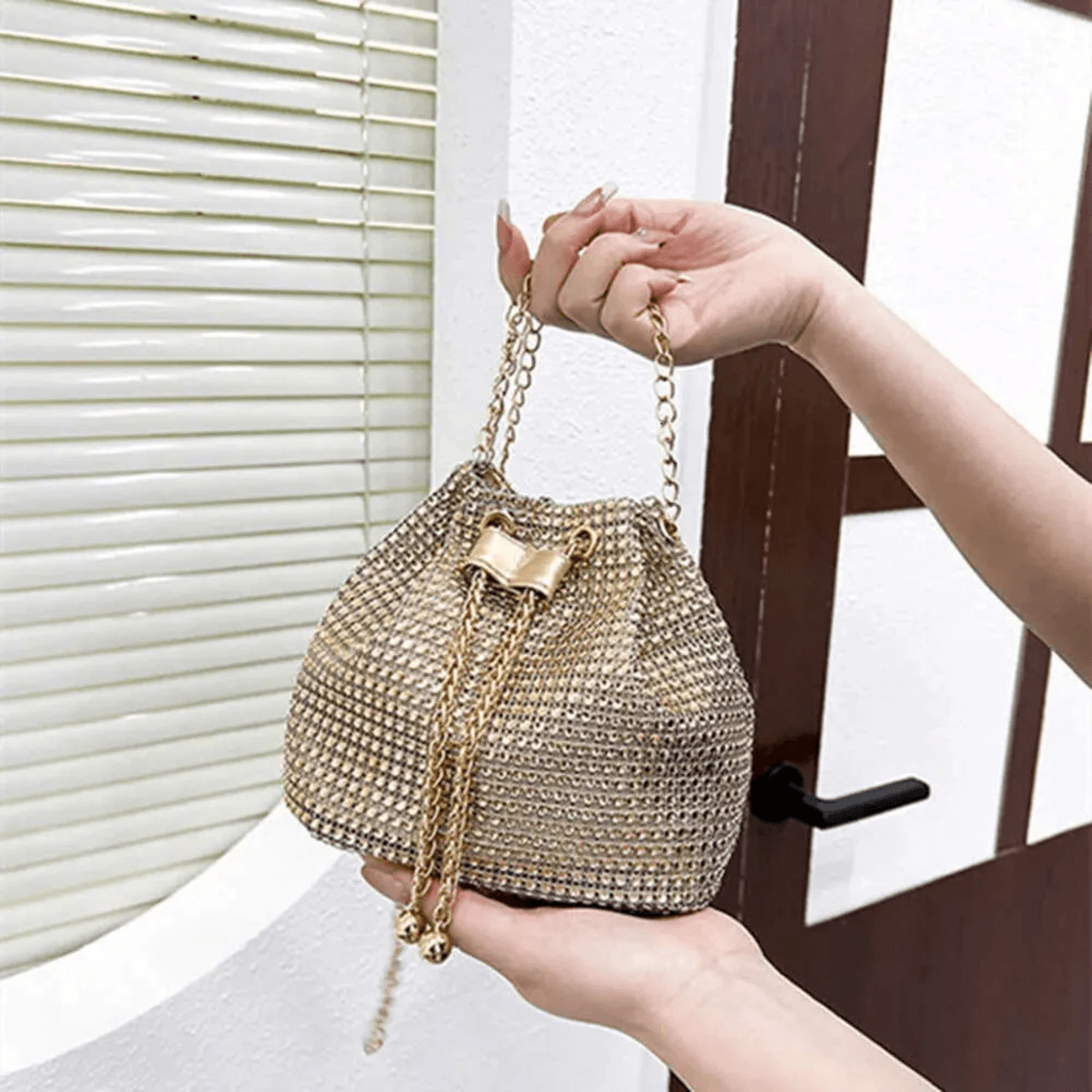 Shiny Rhinestone Pearl Chain Evening Bucket Bag 5