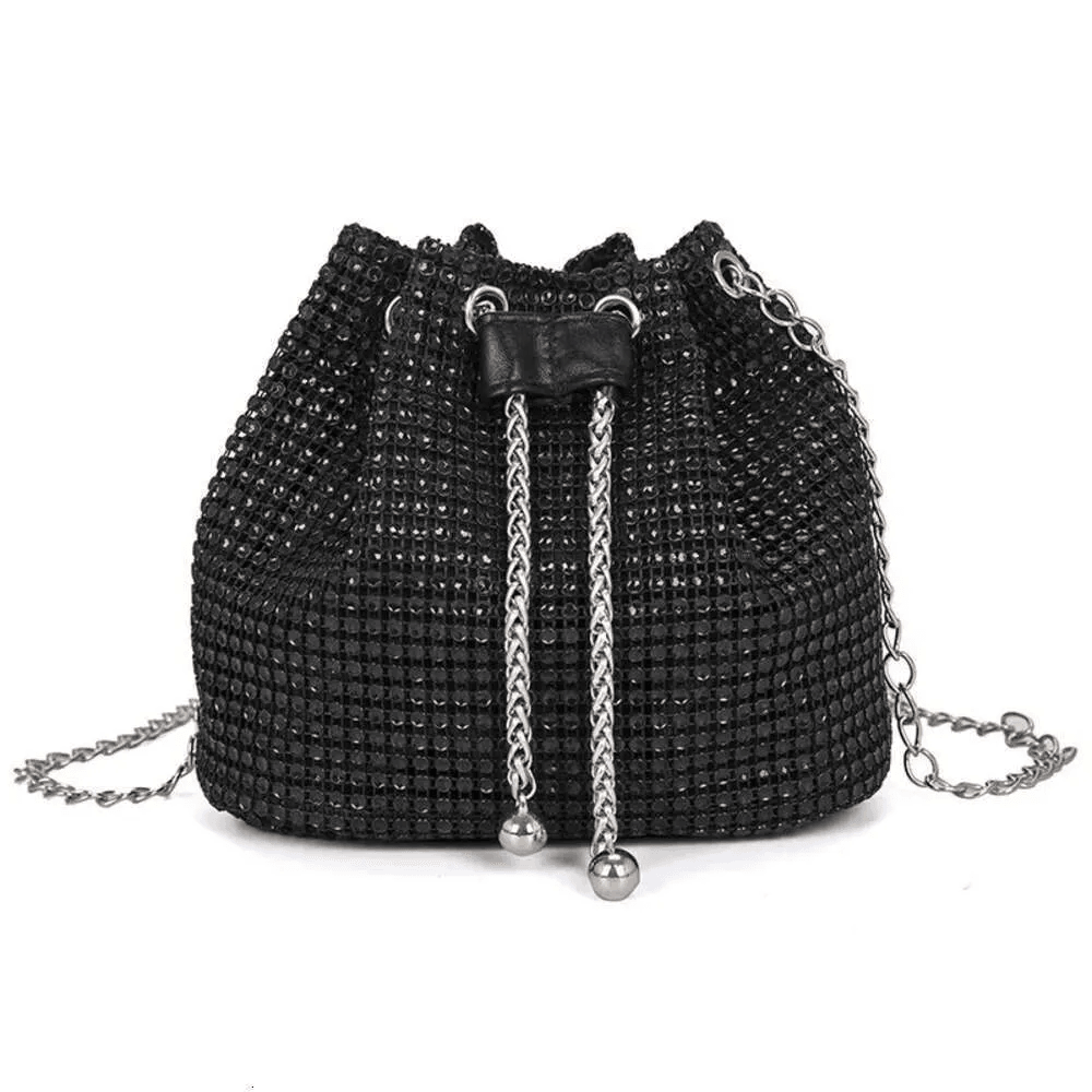 shiny rhinestone pearl chain evening bucket bag