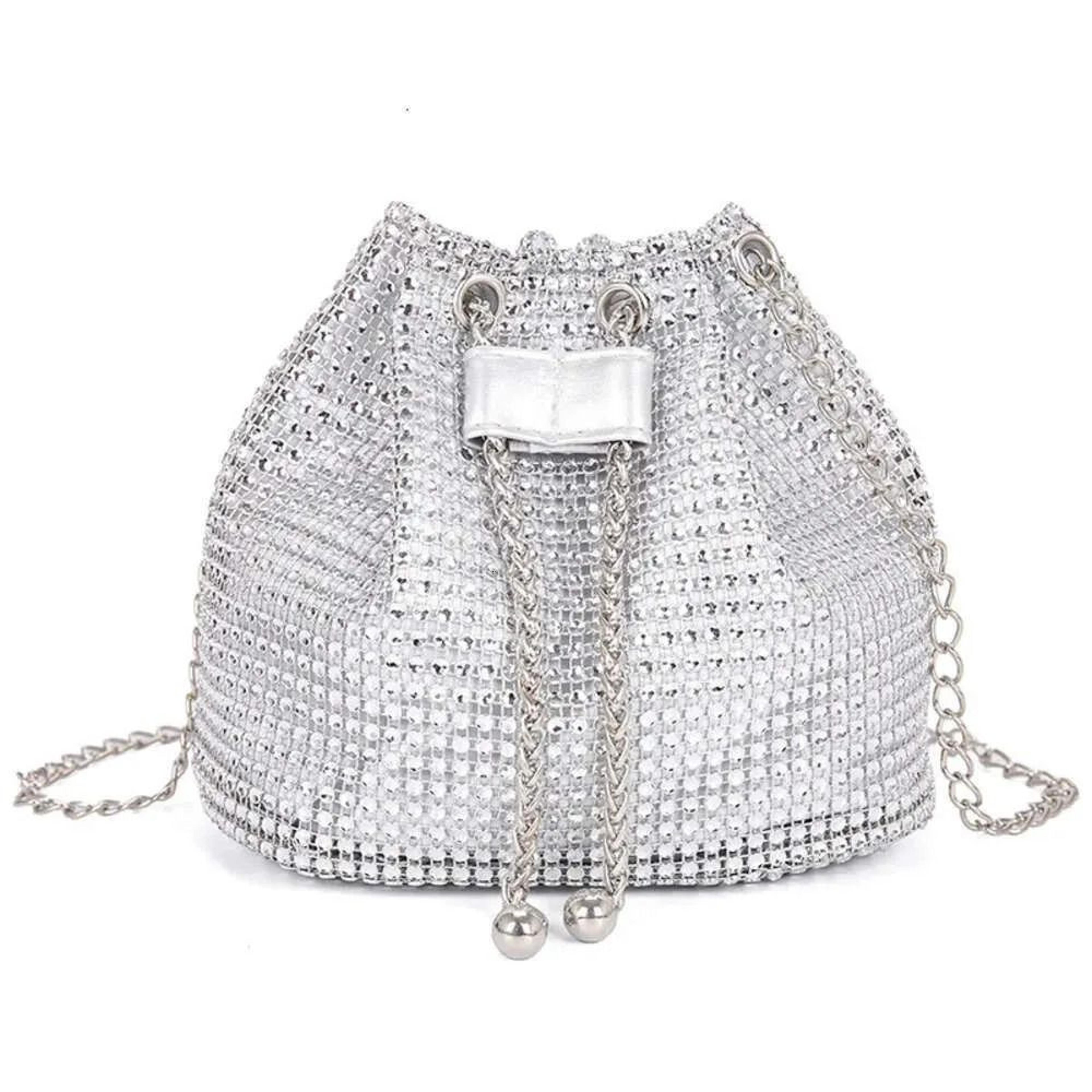 Shiny Rhinestone Pearl Chain Evening Bucket Bag 3