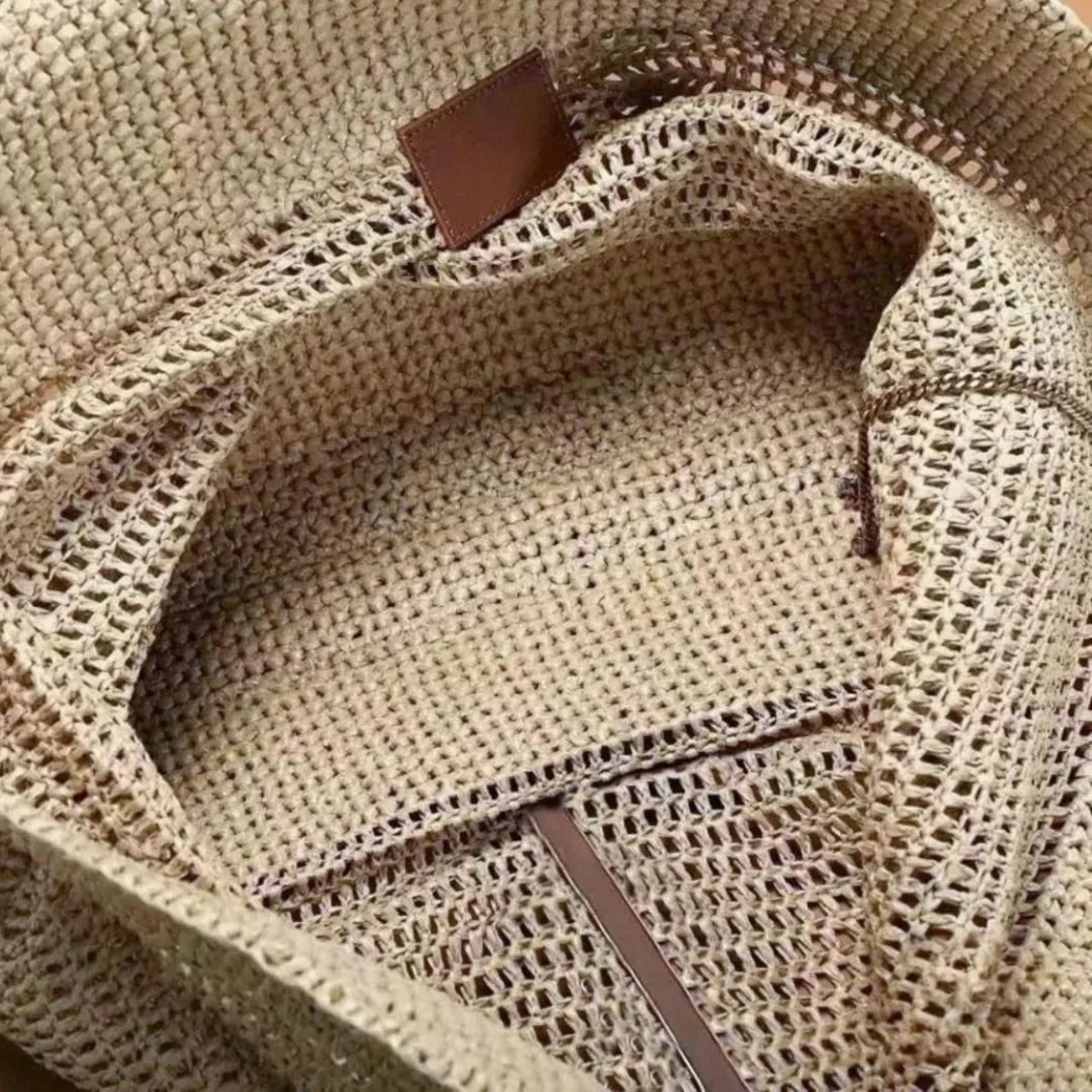Large Raffia Tote Bag For Women With Leather Trim Sequined Embroidery And Dual Straps 3