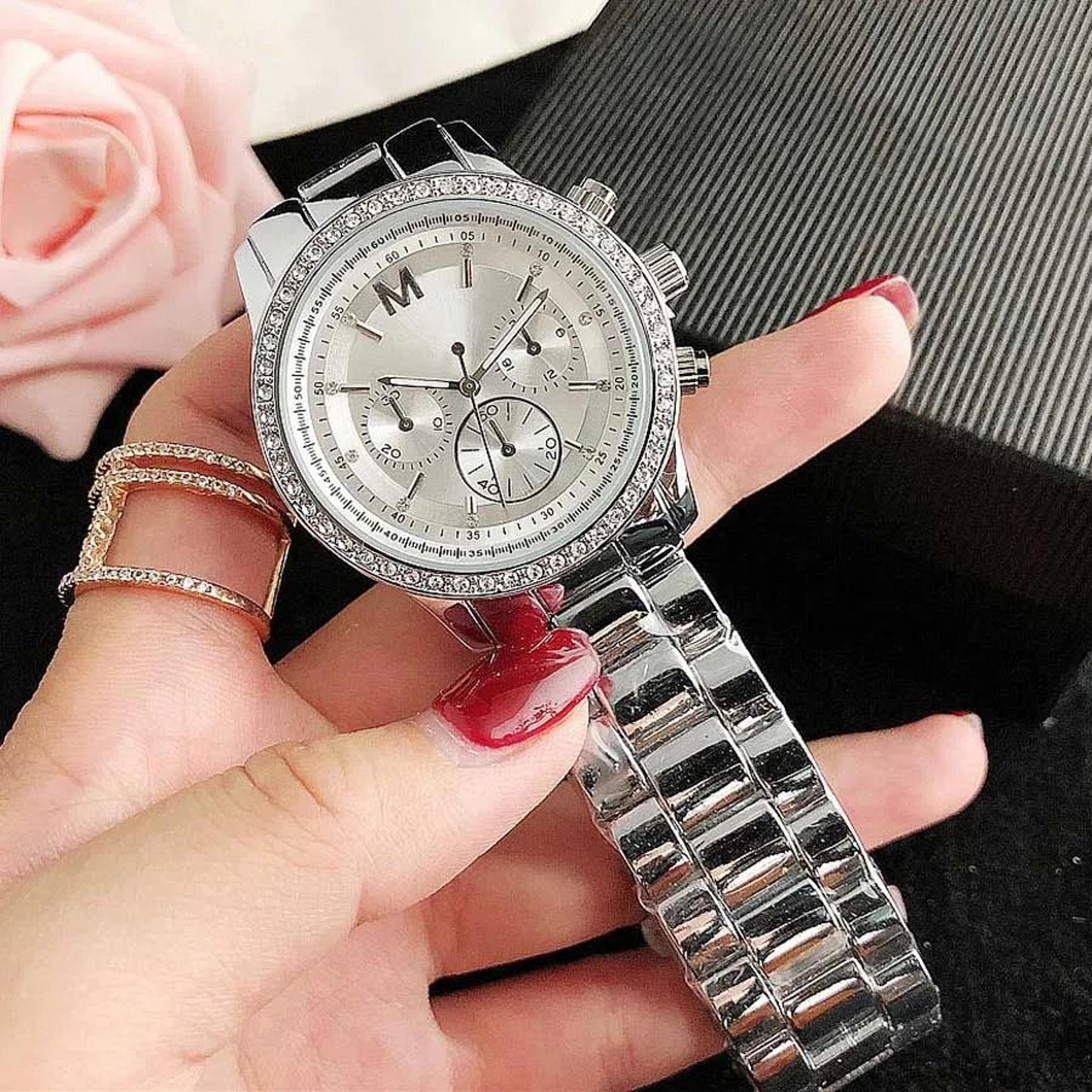 Diamond Crystal Women Quartz Watch With 3 Dial Steel Band 3