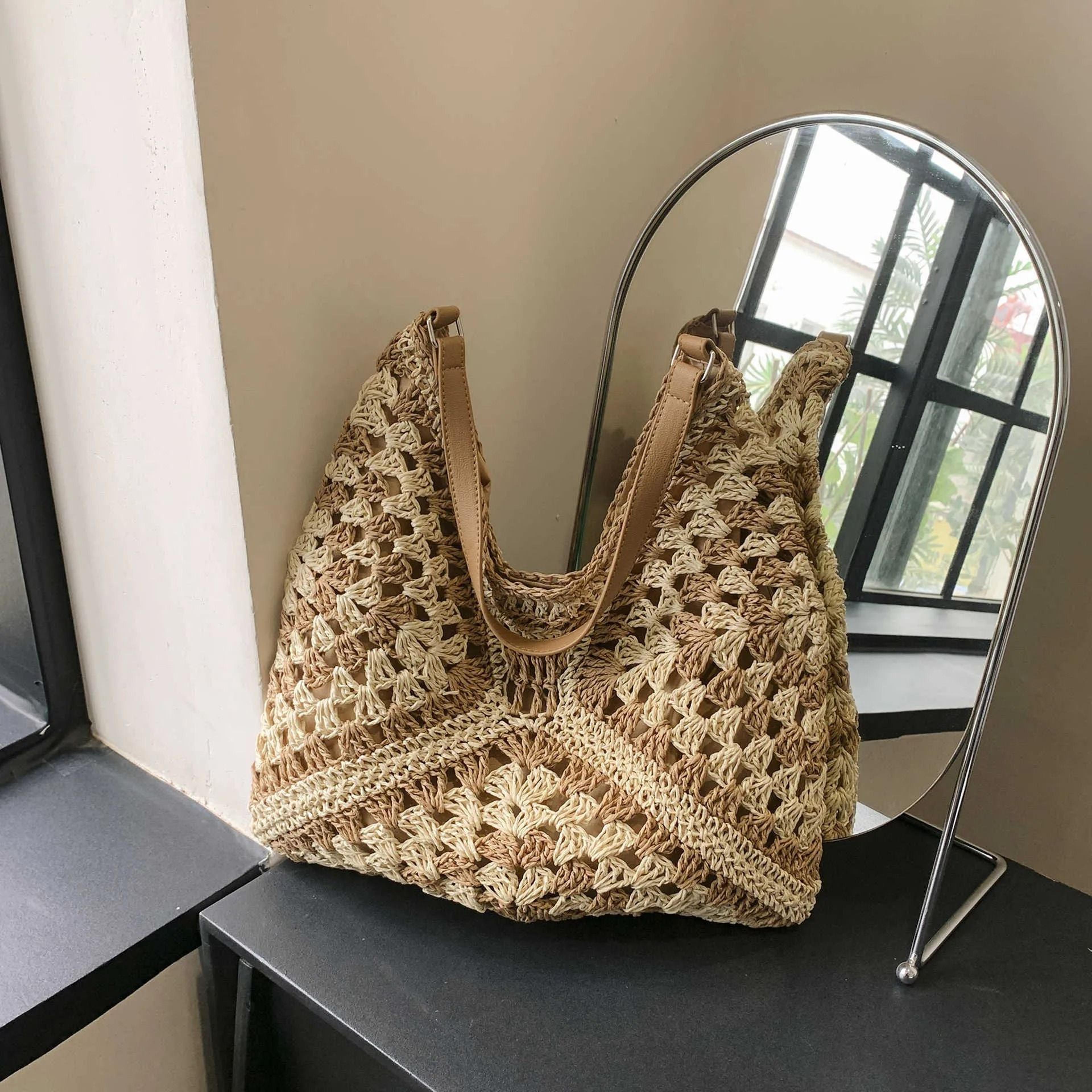 large capacity woven straw beach tote bag for women summer shoulder carryall