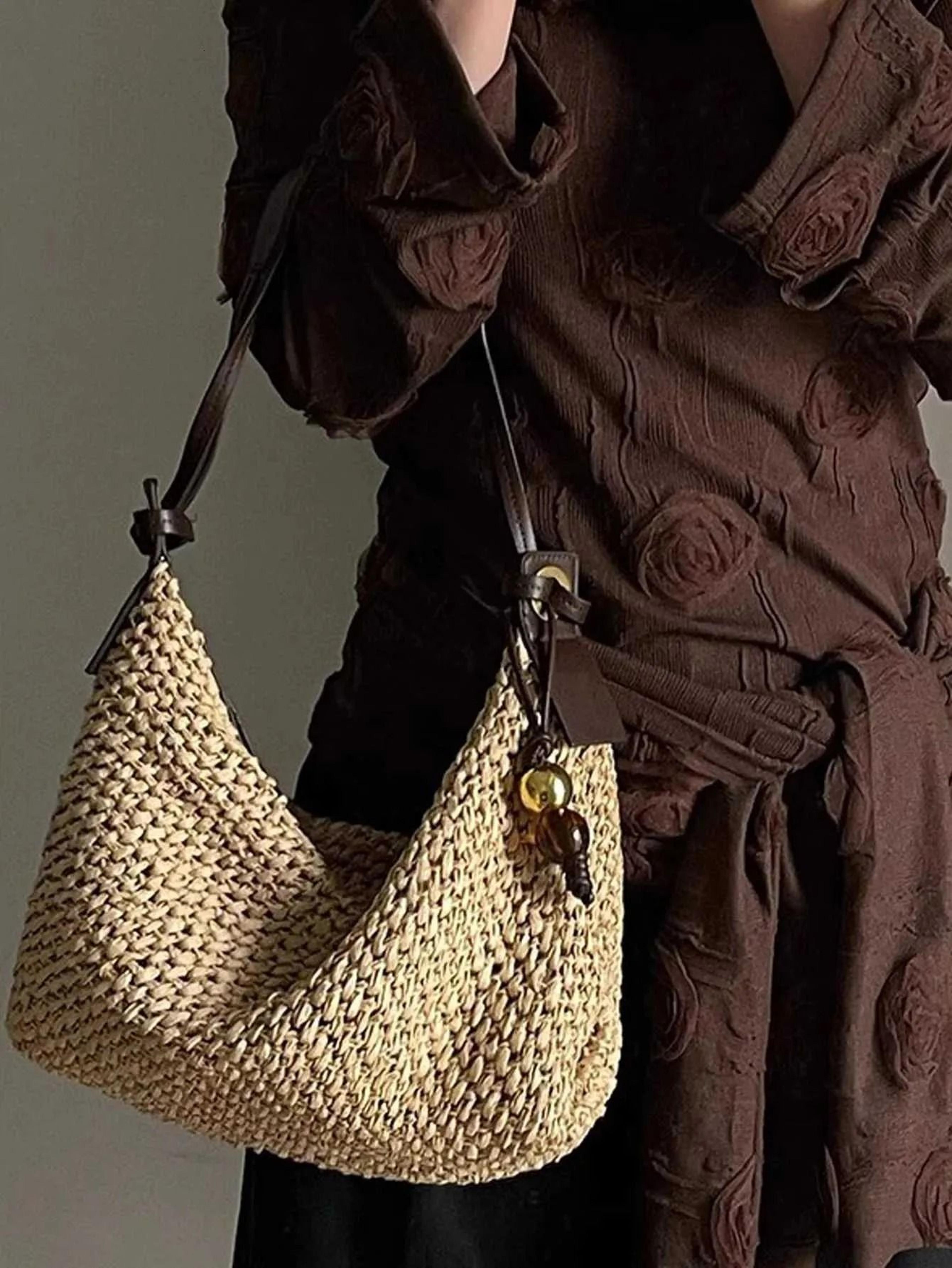 woven straw hobo bag for women handmade beaded summer beach shoulder purse