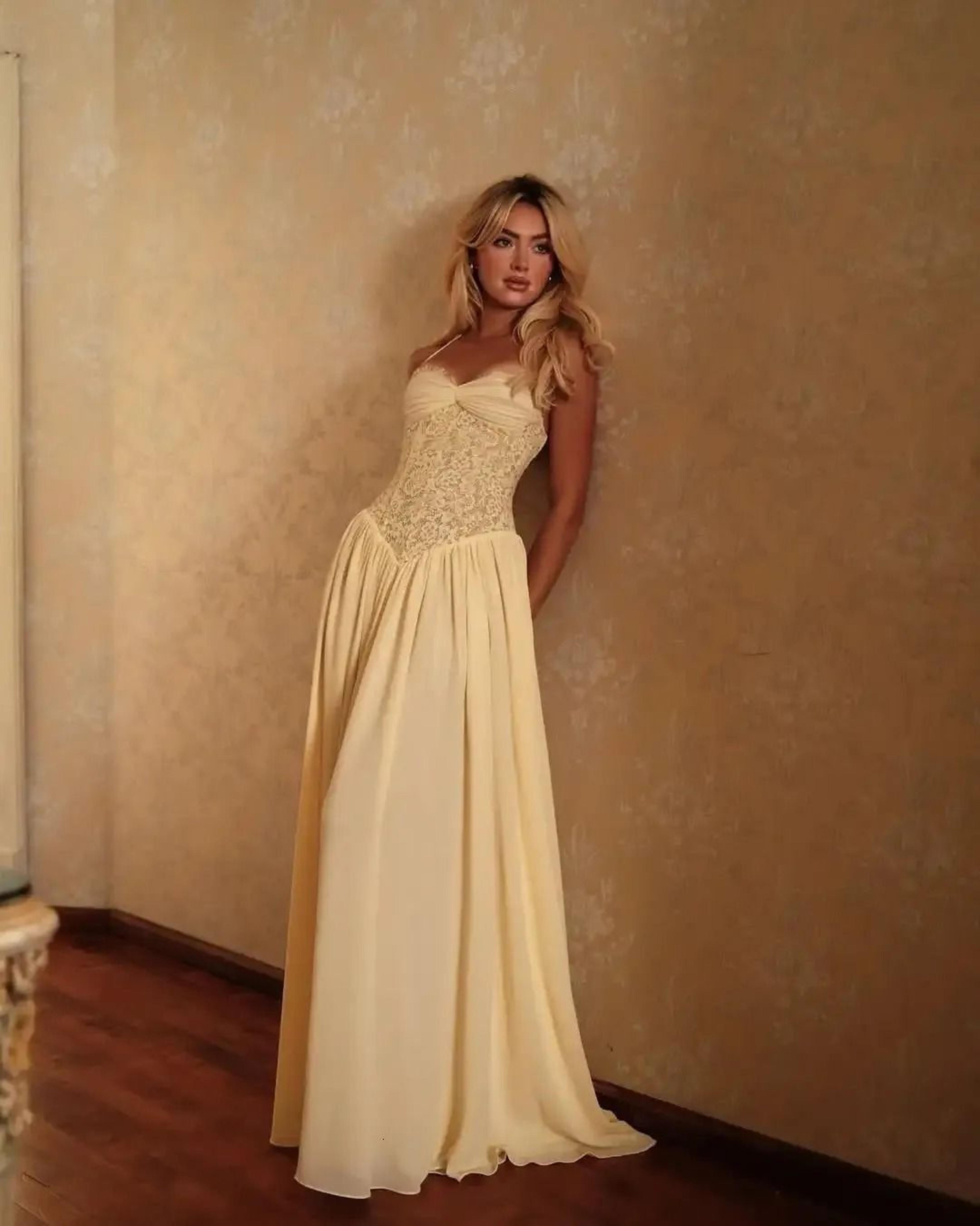 yellow corset maxi dress with lace ruched bust and flowy chiffon skirt