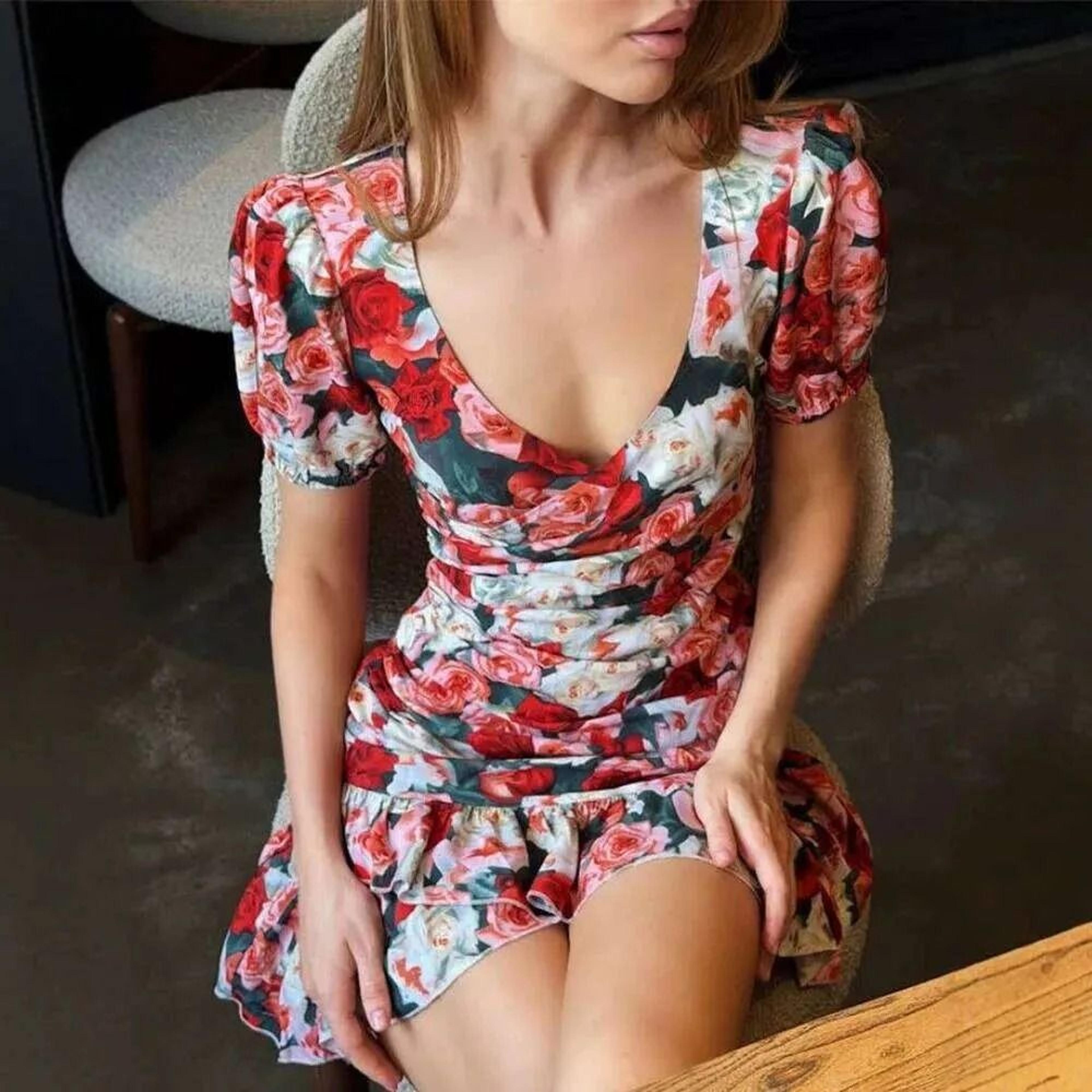 red rose floral mini dress v neck puff sleeve ruched waist ruffle hem party dress