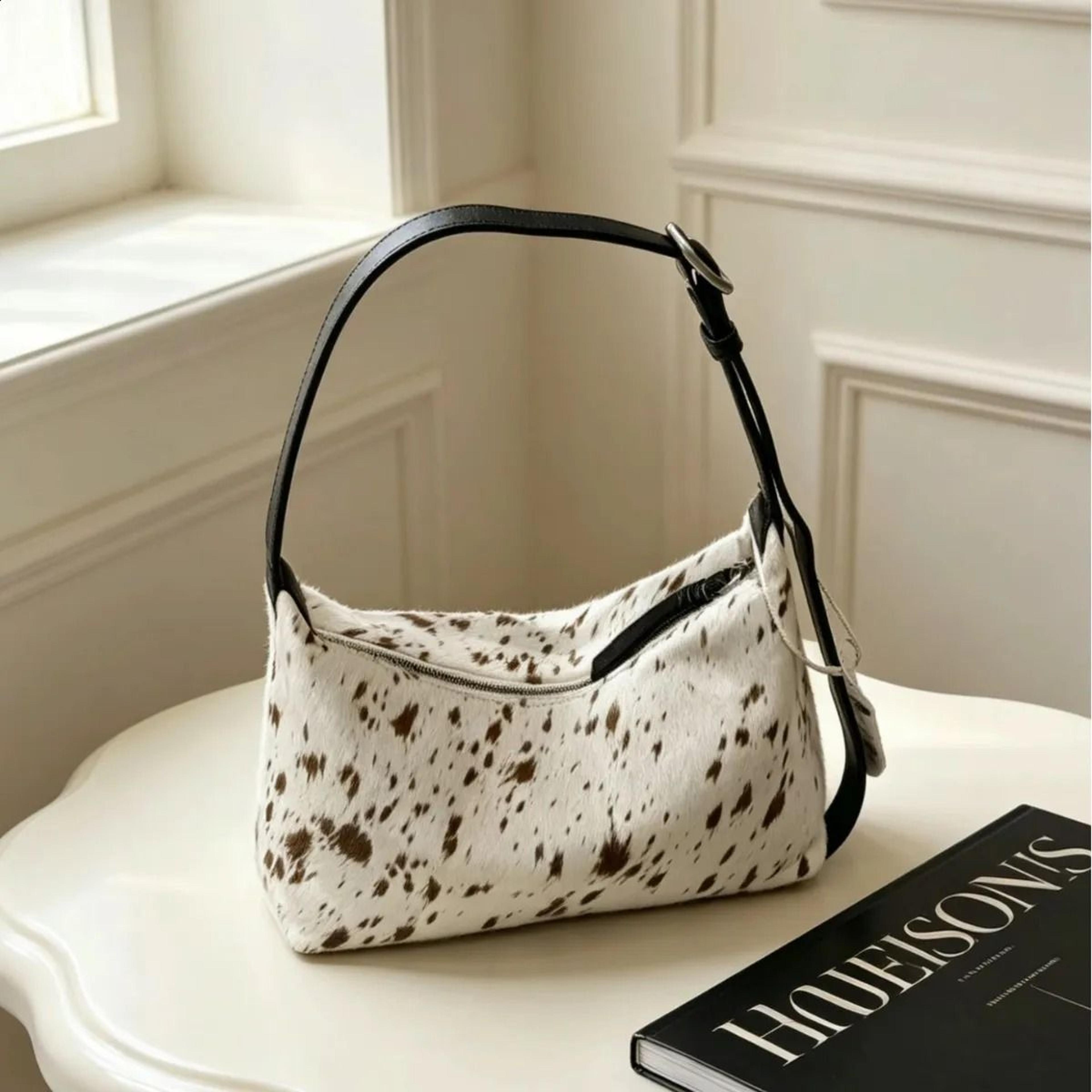 vintage genuine leather crescent shoulder bag with zipper closure