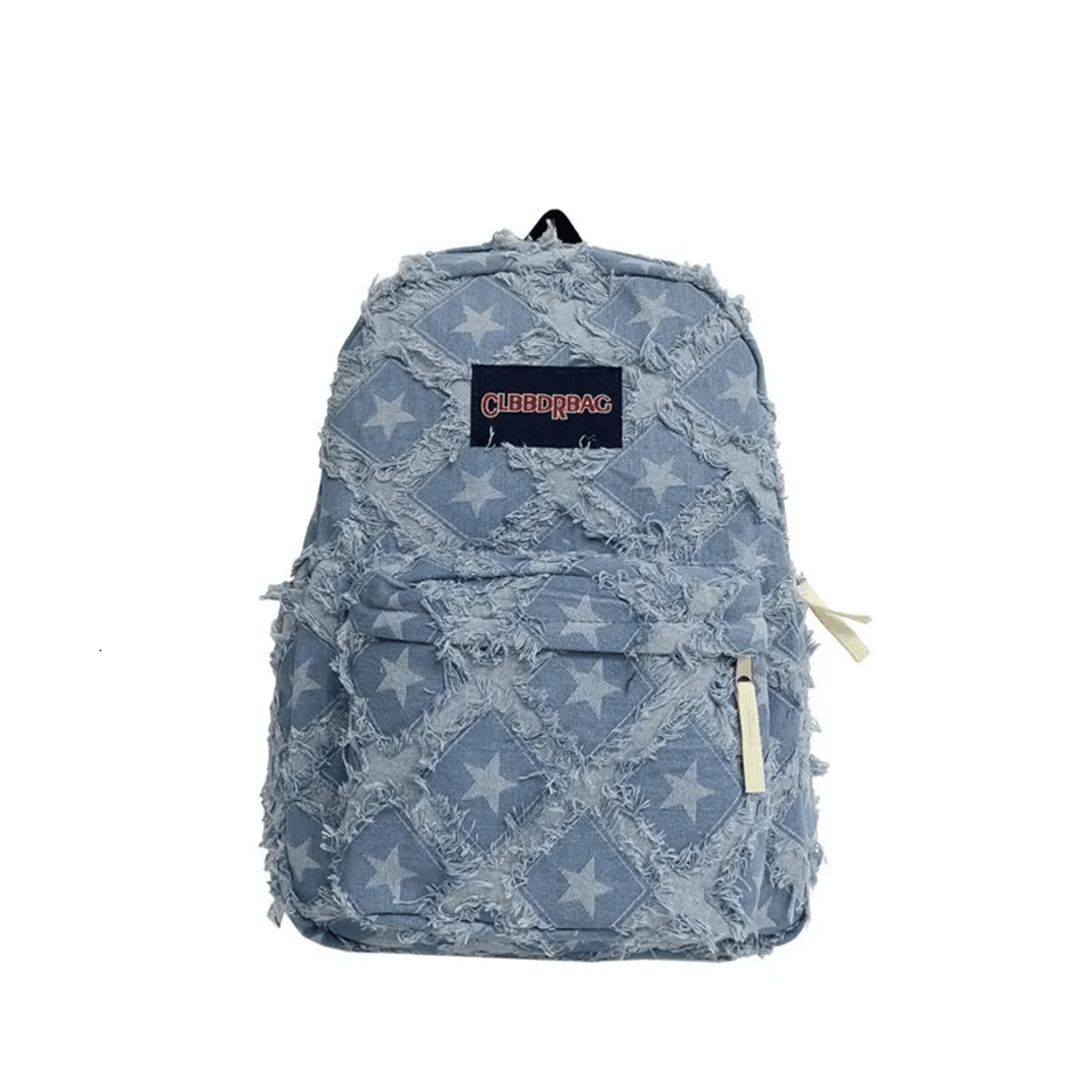 frayed star denim backpack with adjustable shoulder straps and distressed patch design