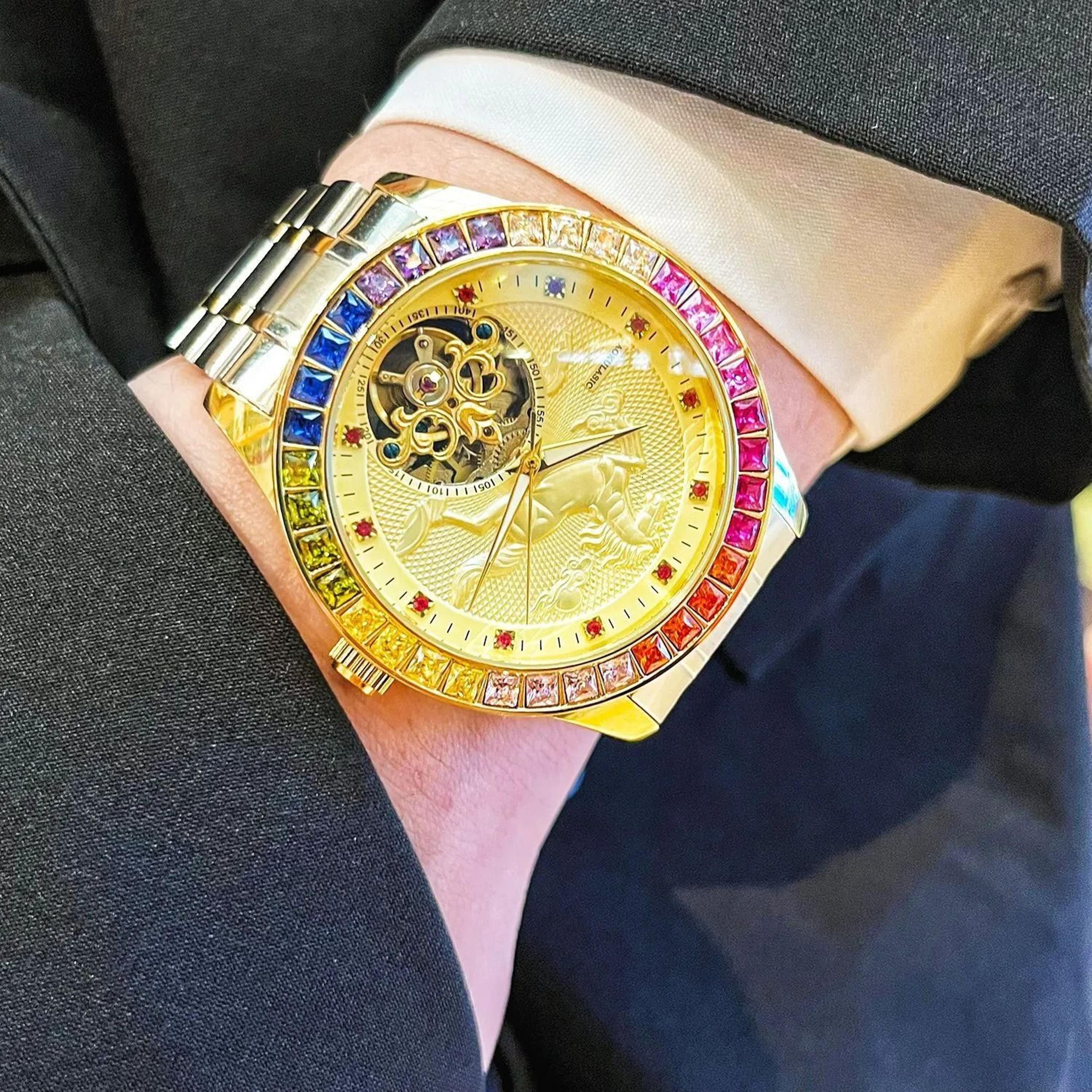men gold automatic mechanical watch with stainless steel band and butterfly clasp