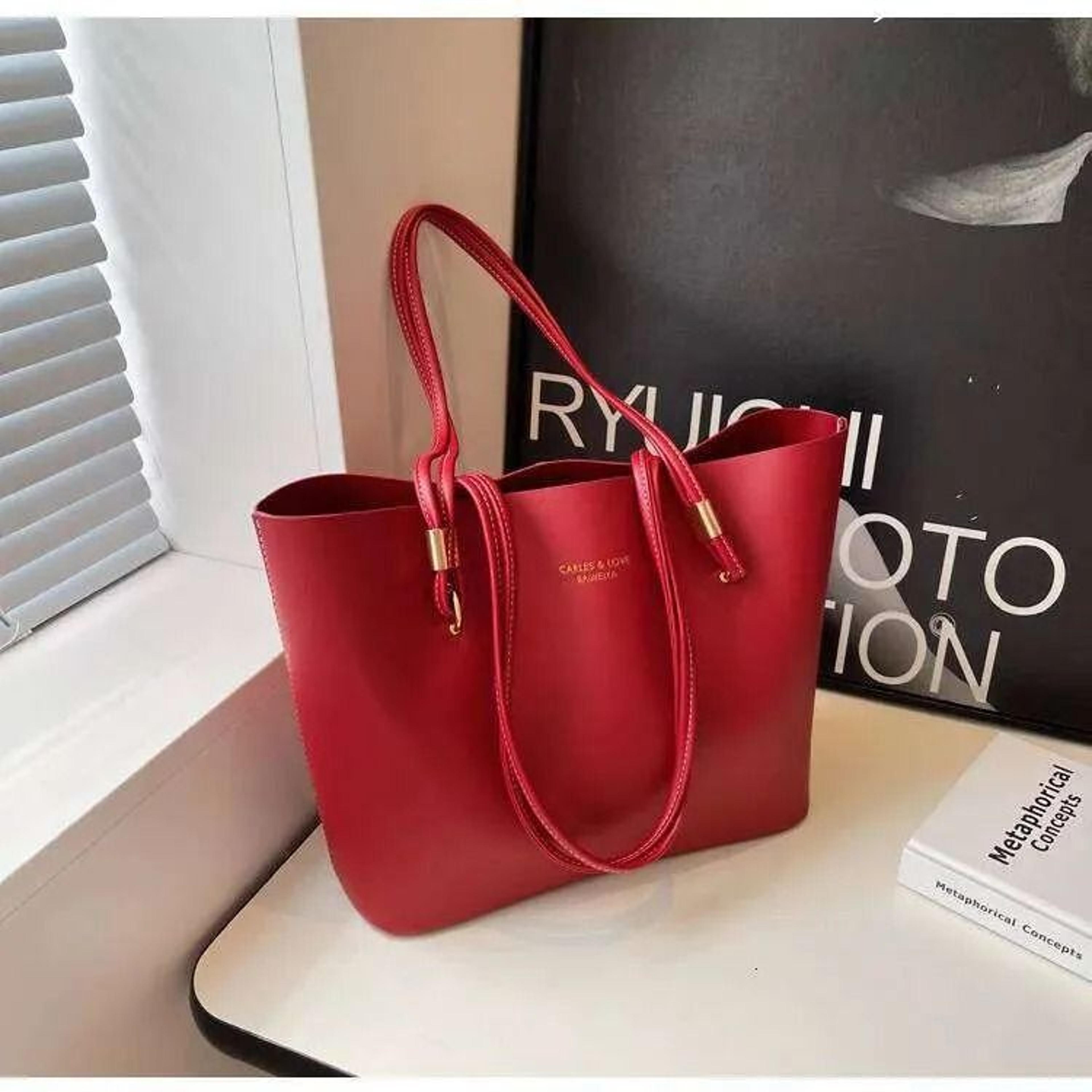large capacity red pu leather shoulder tote bag