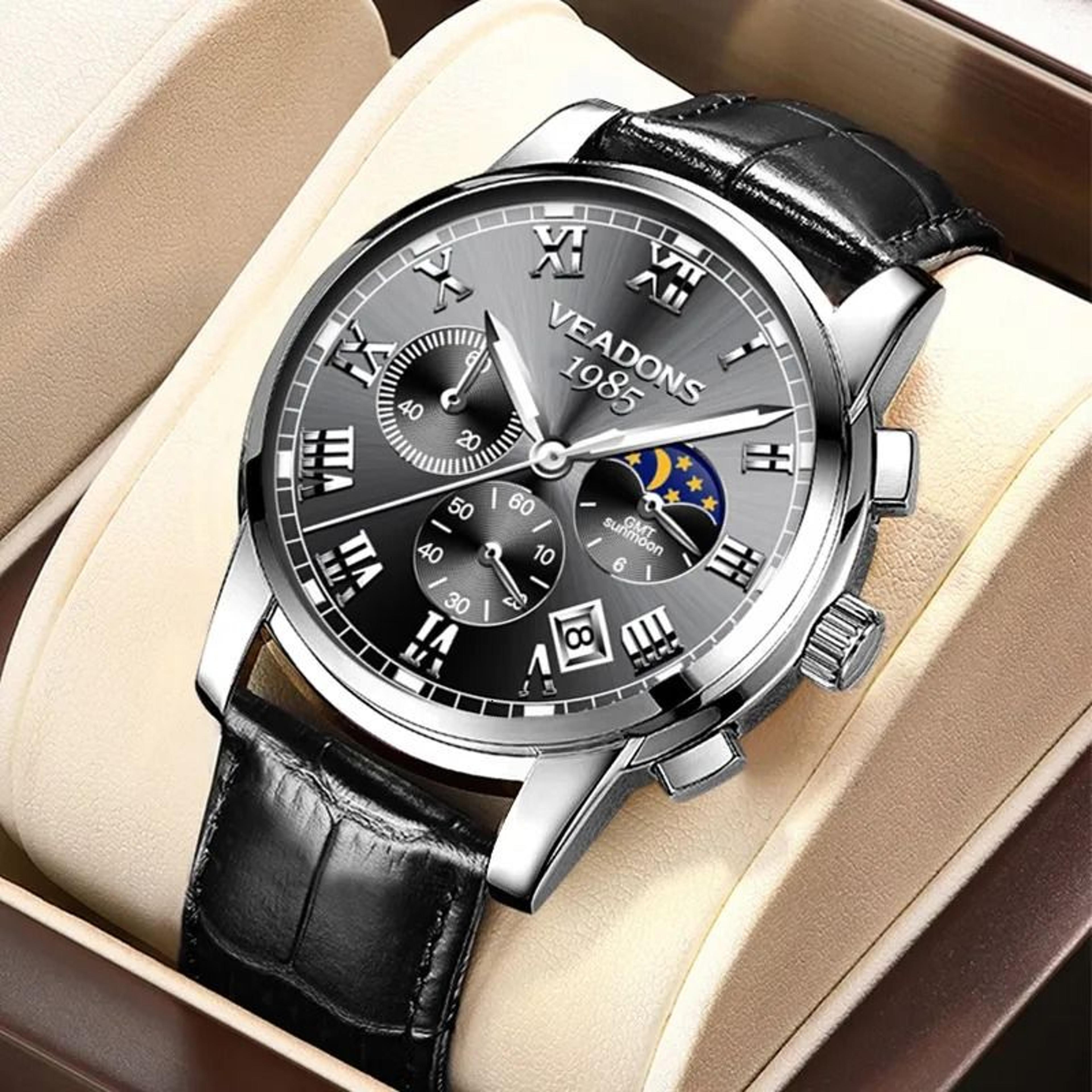 chronograph watch with moon phase calendar and stainless steel strap