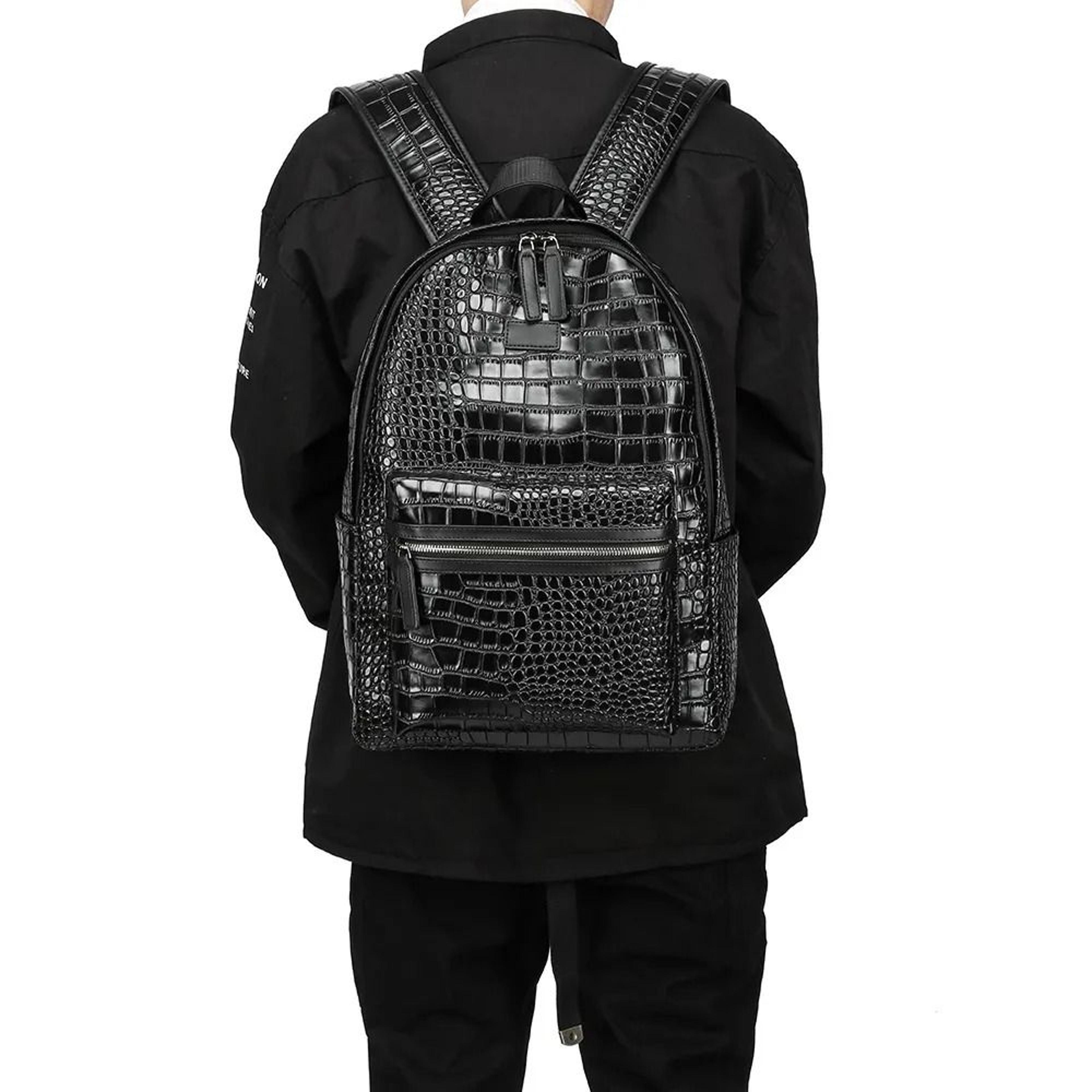 women crocodile-embossed leather backpack large capacity commuter bag